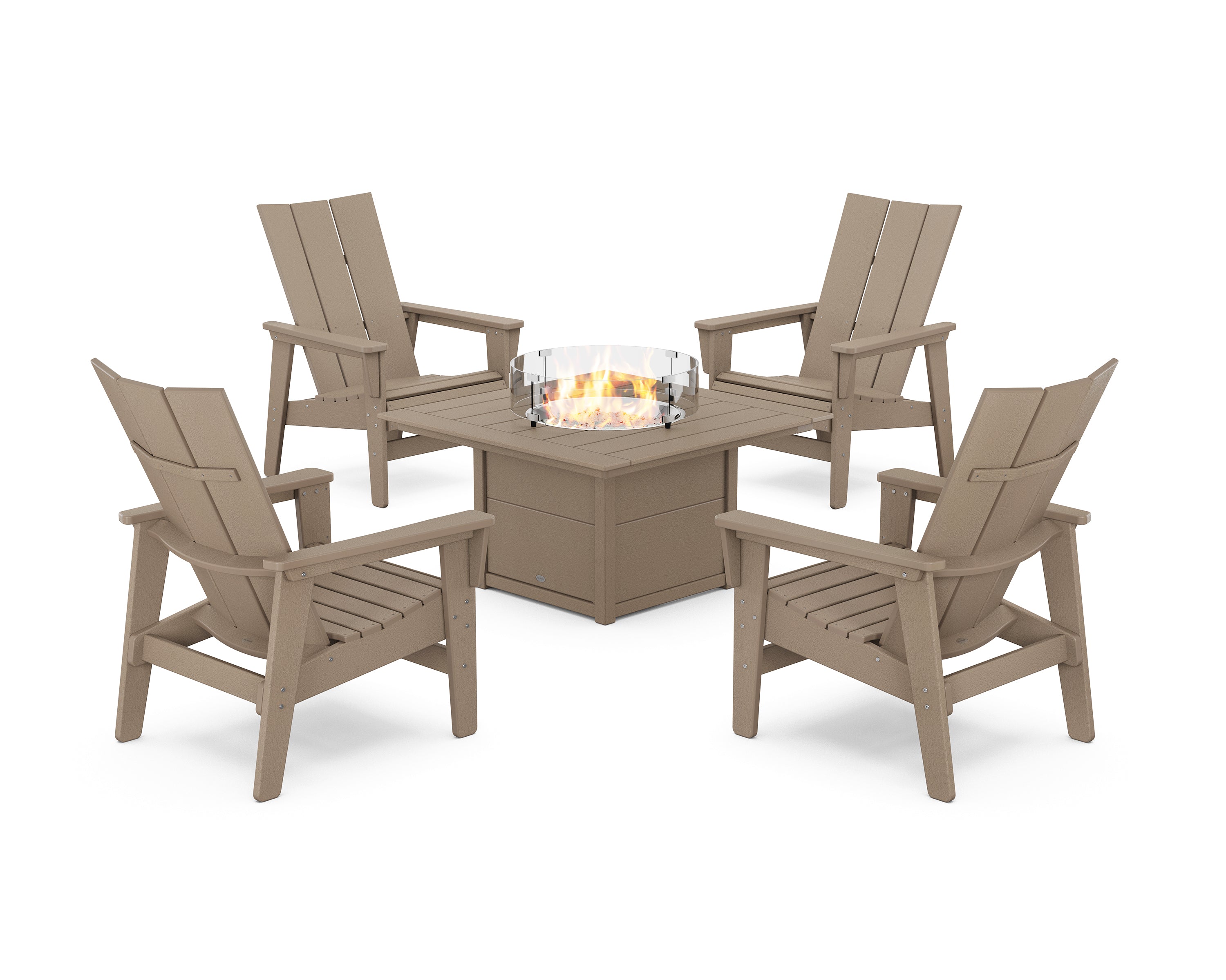 POLYWOOD 5-Piece Modern Grand Upright Adirondack Conversation Set with Fire Pit Table in Vintage Sahara