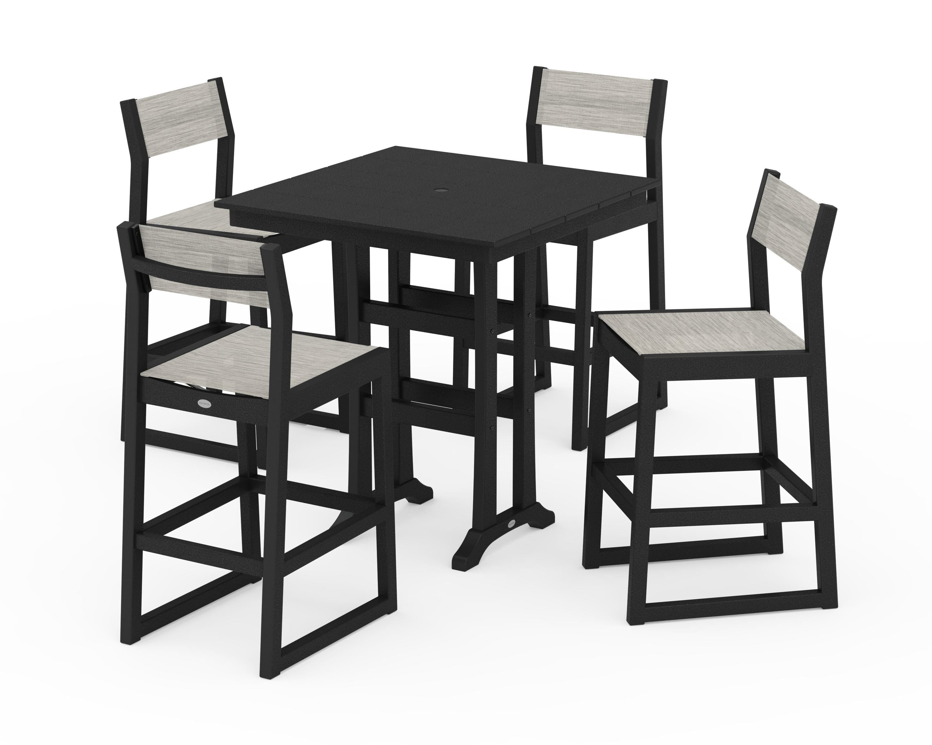 POLYWOOD EDGE Sling Arm Chair 5-Piece Farmhouse Bar Set with Trestle Legs in Black / Birch Sling
