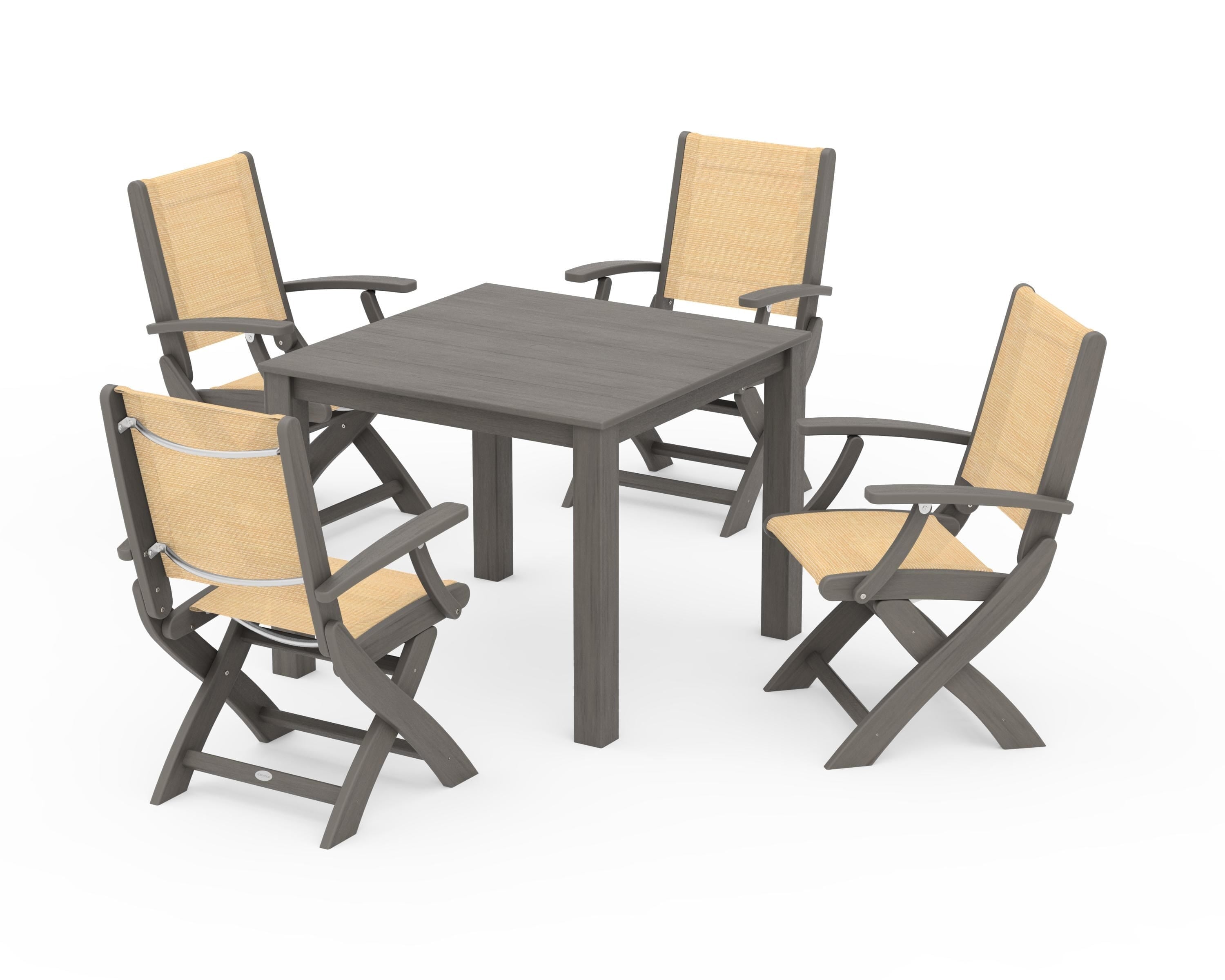 POLYWOOD Coastal Folding Chair 5-Piece Parsons Dining Set in Driftwood / Dupioni Apricot Sling
