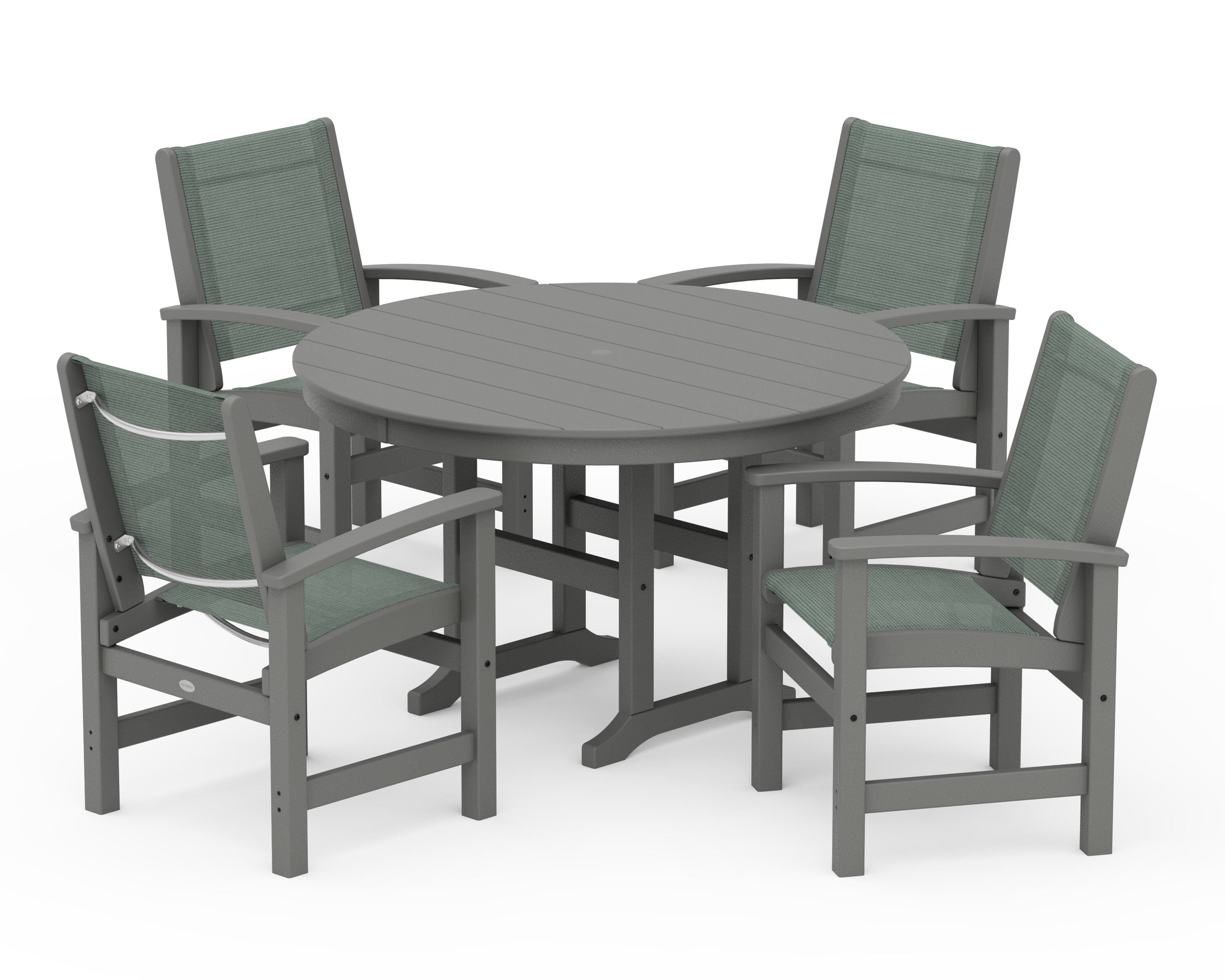 POLYWOOD Coastal 5-Piece Round Farmhouse Dining Set in Slate Grey / Dupioni Sea Mist Sling