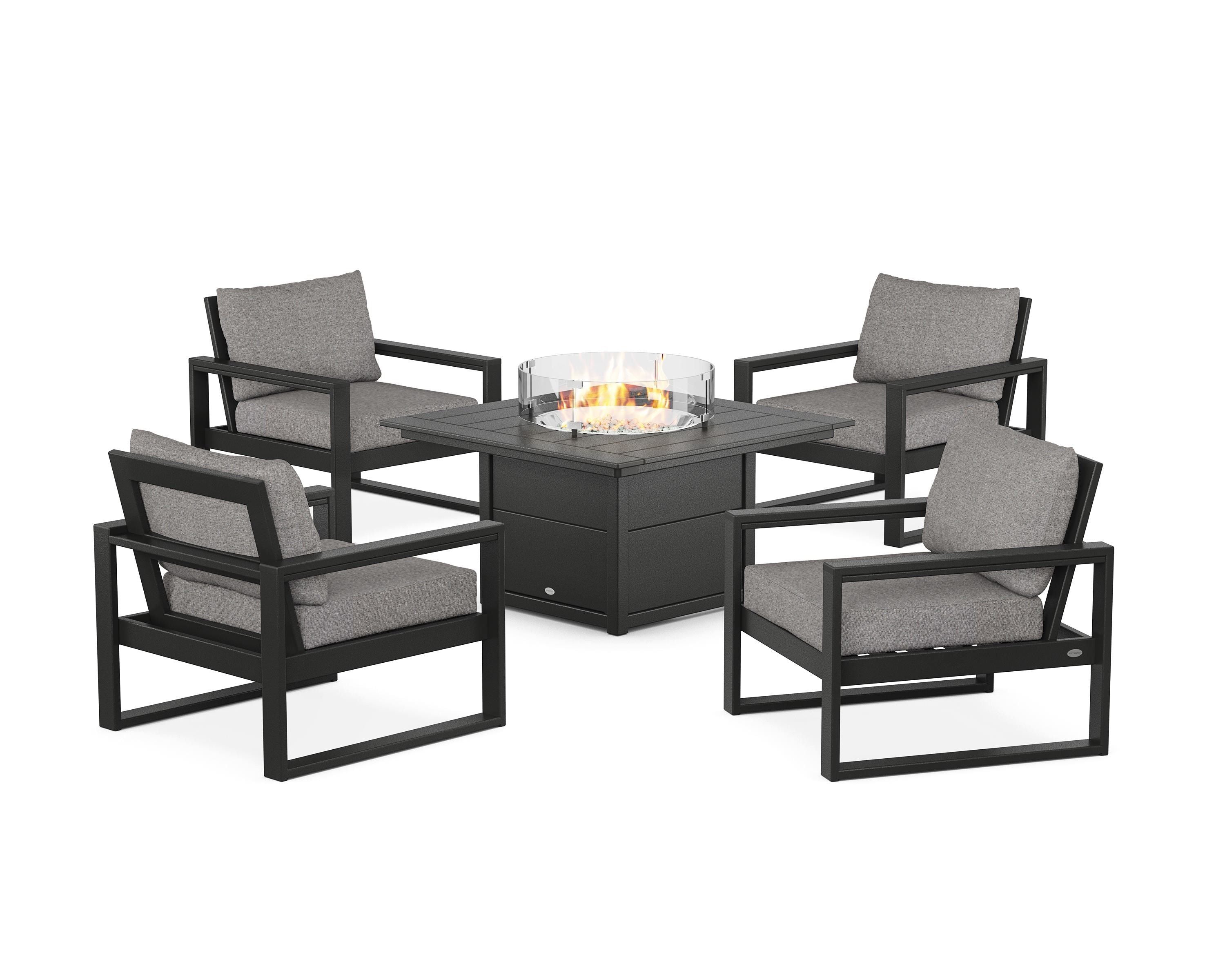 POLYWOOD EDGE Sectional 5-Piece Deep Seating Set with Fire Pit Table in Black / Grey Mist