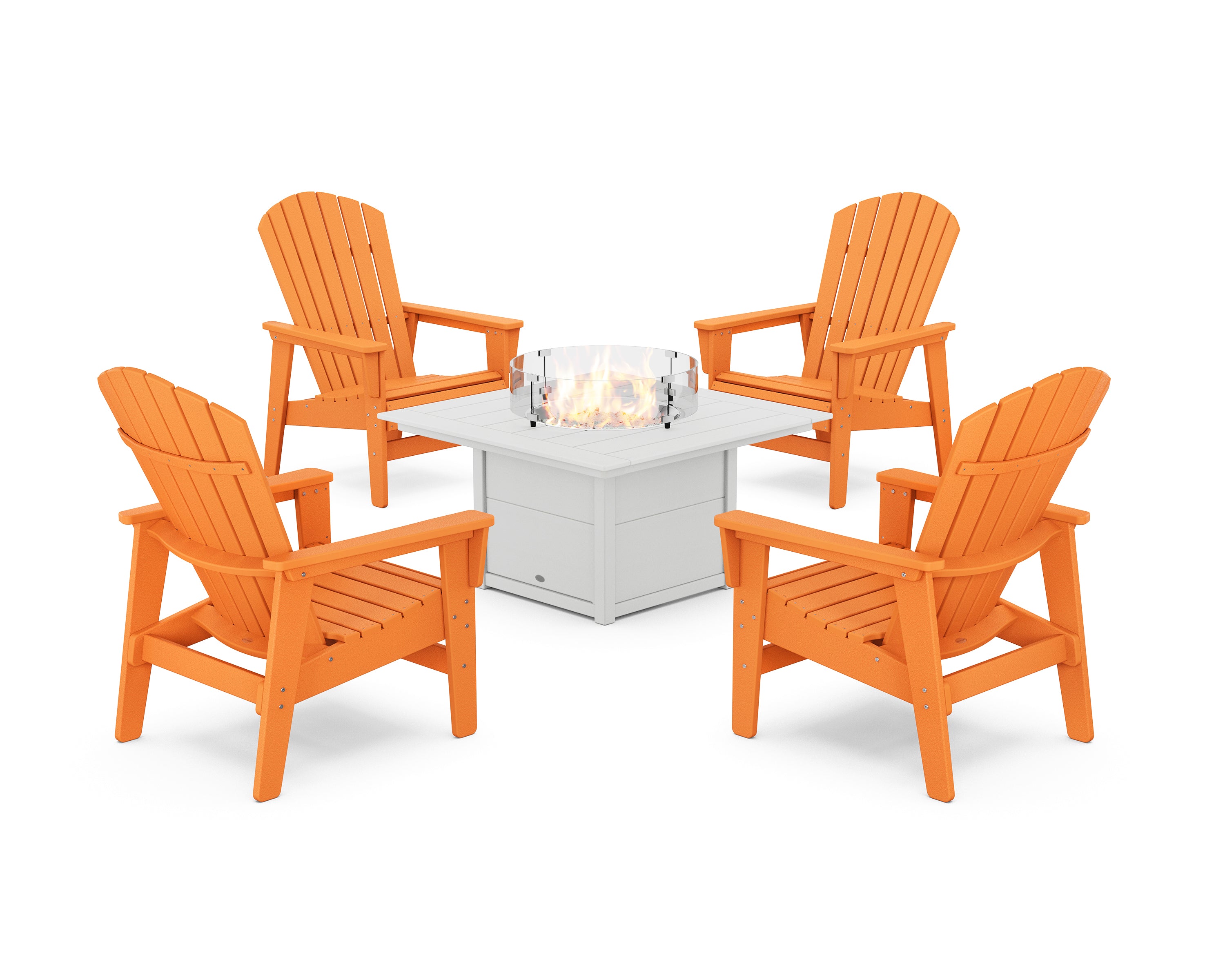 POLYWOOD 5-Piece Nautical Grand Upright Adirondack Conversation Set with Fire Pit Table in Tangerine / White