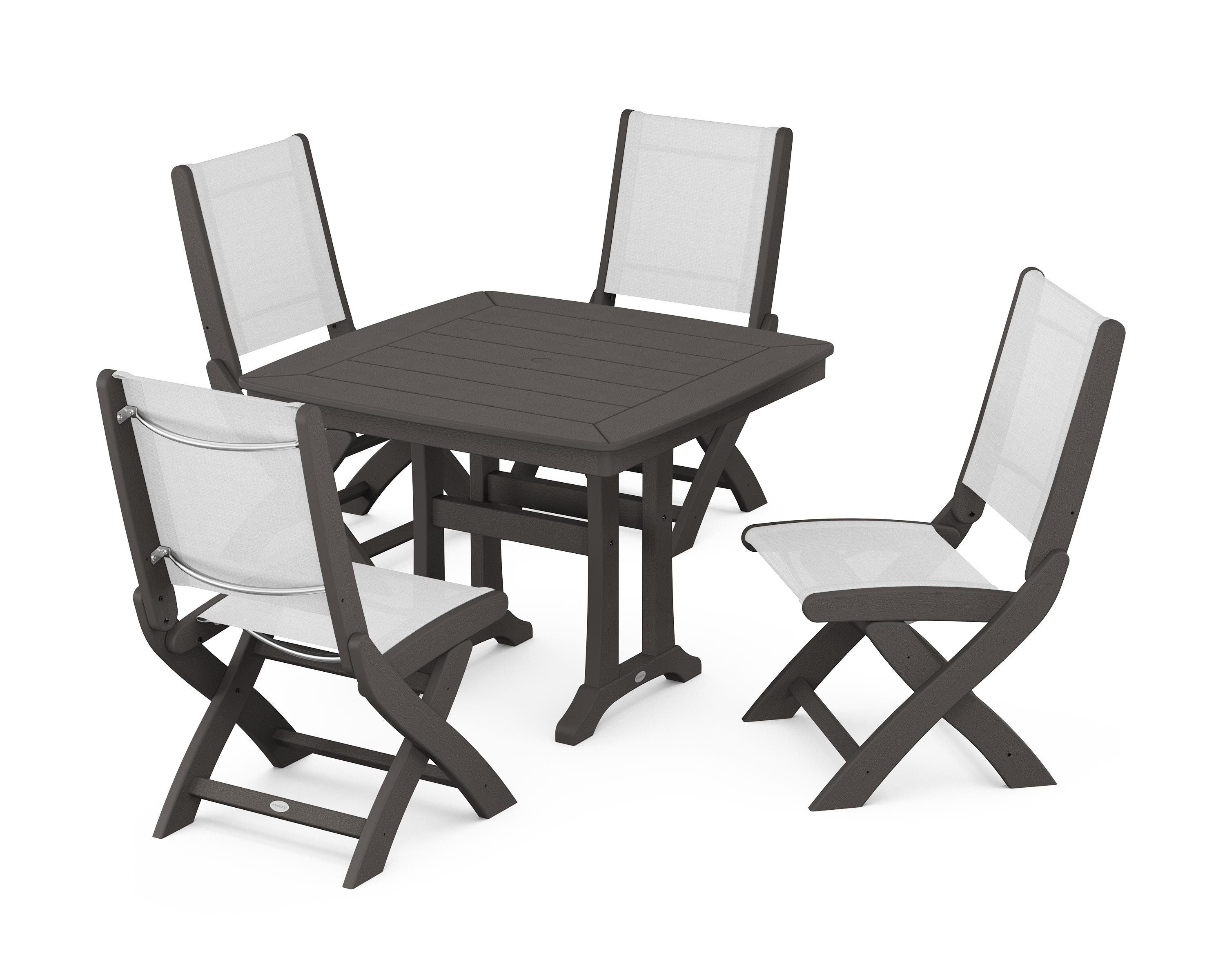 POLYWOOD Coastal Folding Side Chair 5-Piece Dining Set with Trestle Legs in Vintage Coffee / White Sling