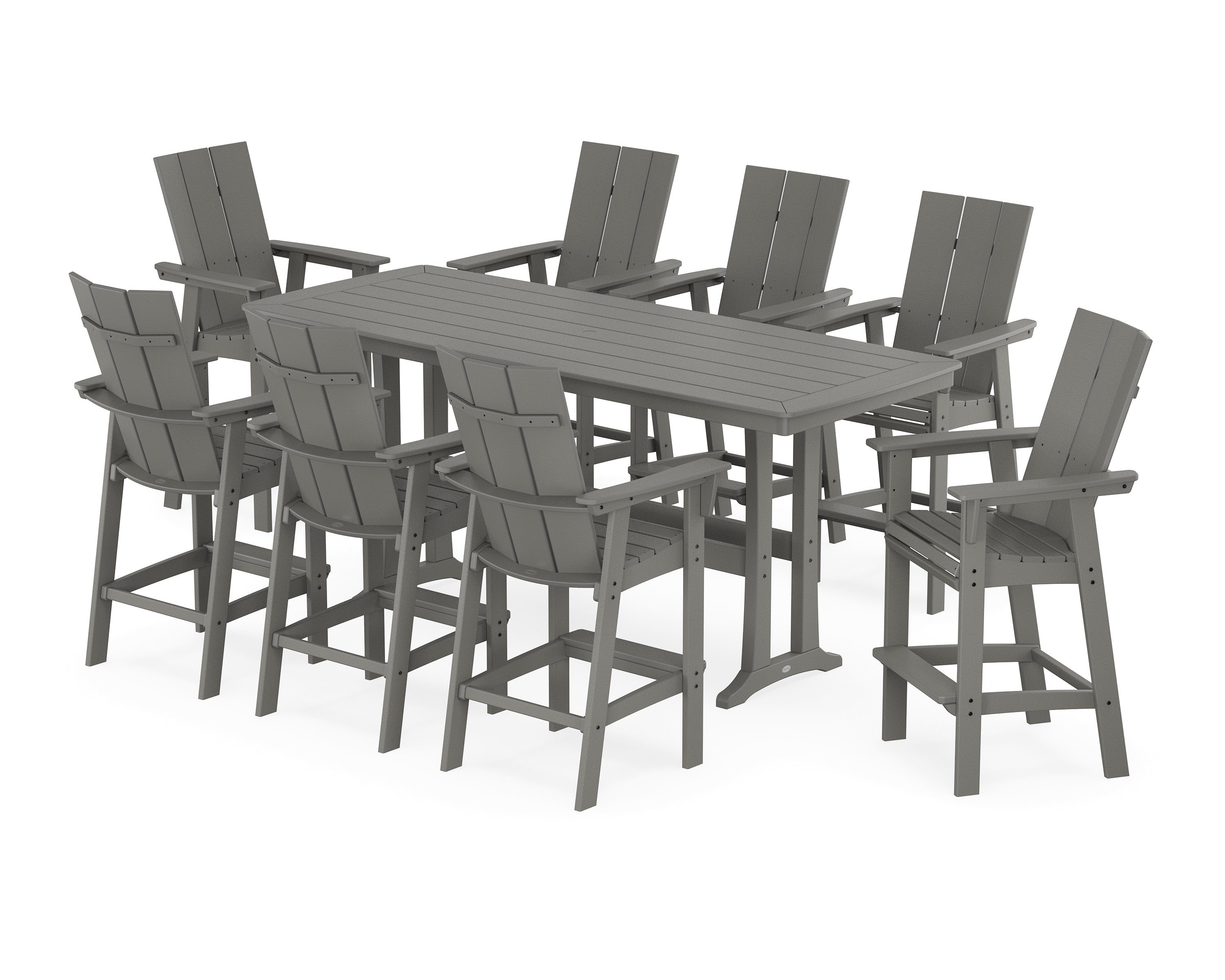 POLYWOOD Modern Curveback Adirondack 9-Piece Bar Set with Trestle Legs in Slate Grey