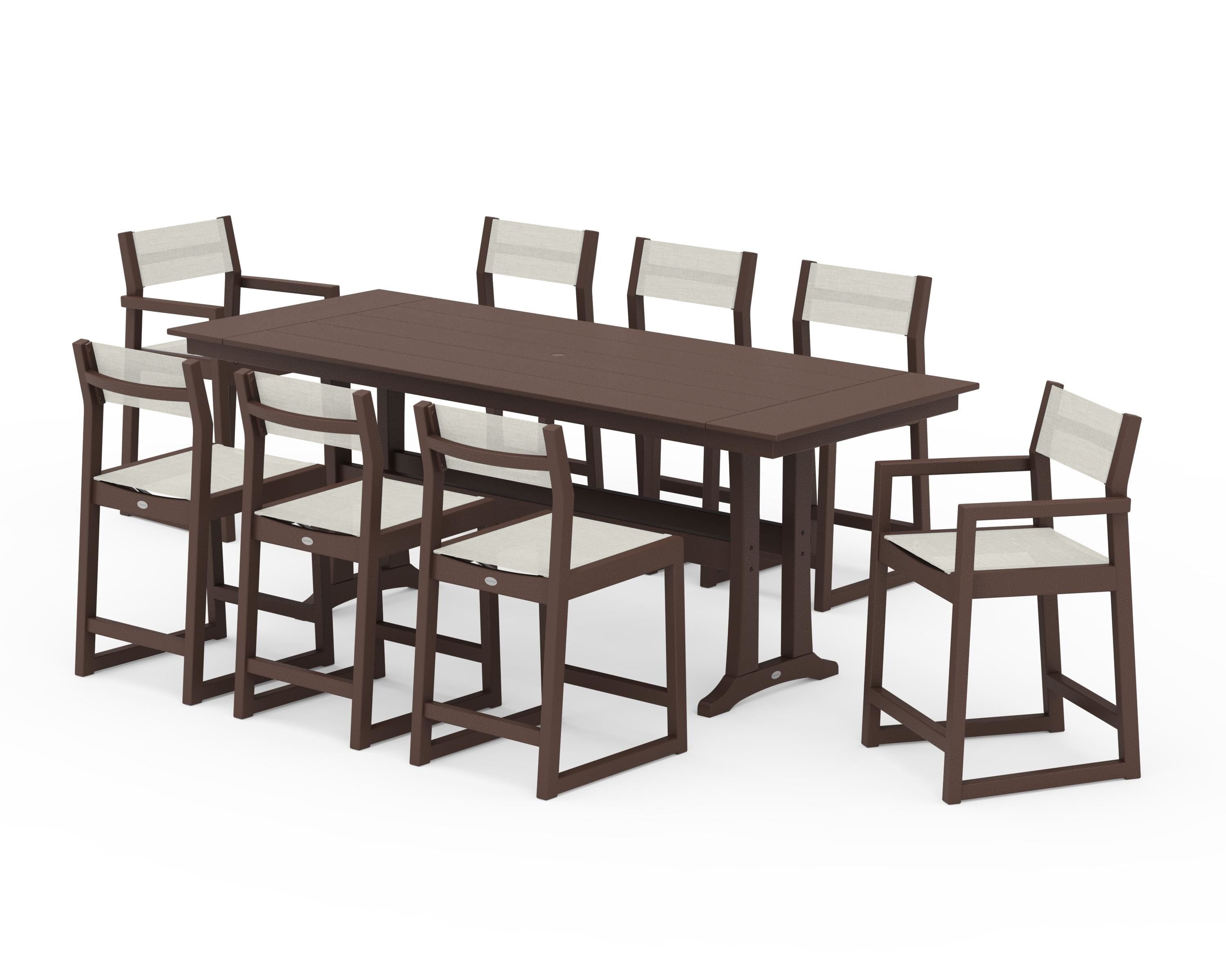 POLYWOOD EDGE Sling 9-Piece Farmhouse Counter Set with Trestle Legs in Mahogany / Parchment Sling