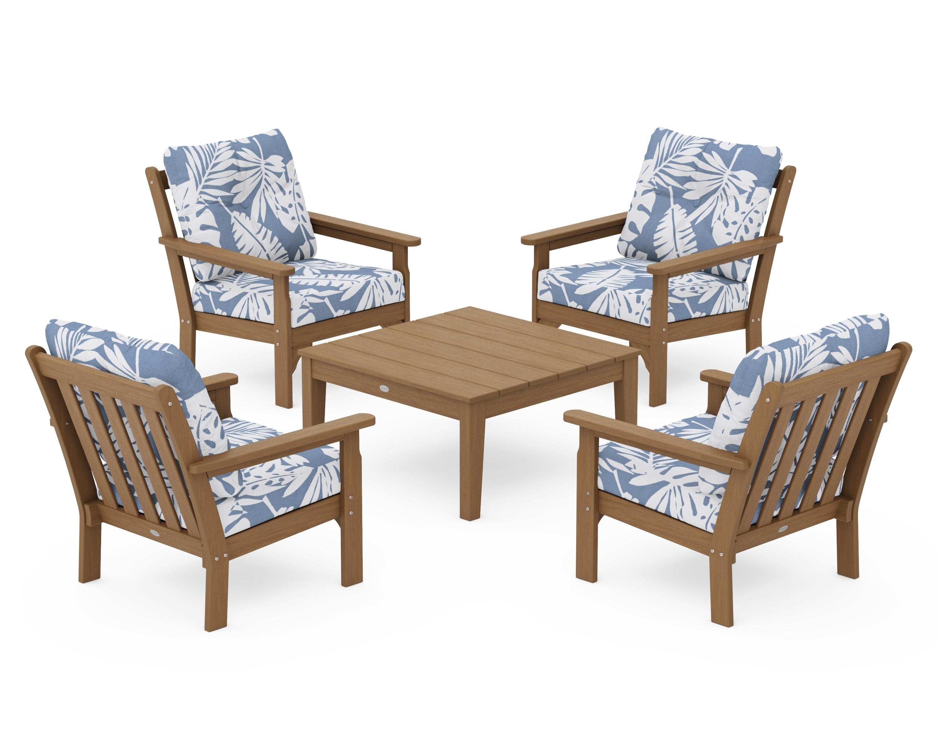 POLYWOOD Vineyard 5-Piece Deep Seating Conversation Set in Natural / Leaf Sky Blue