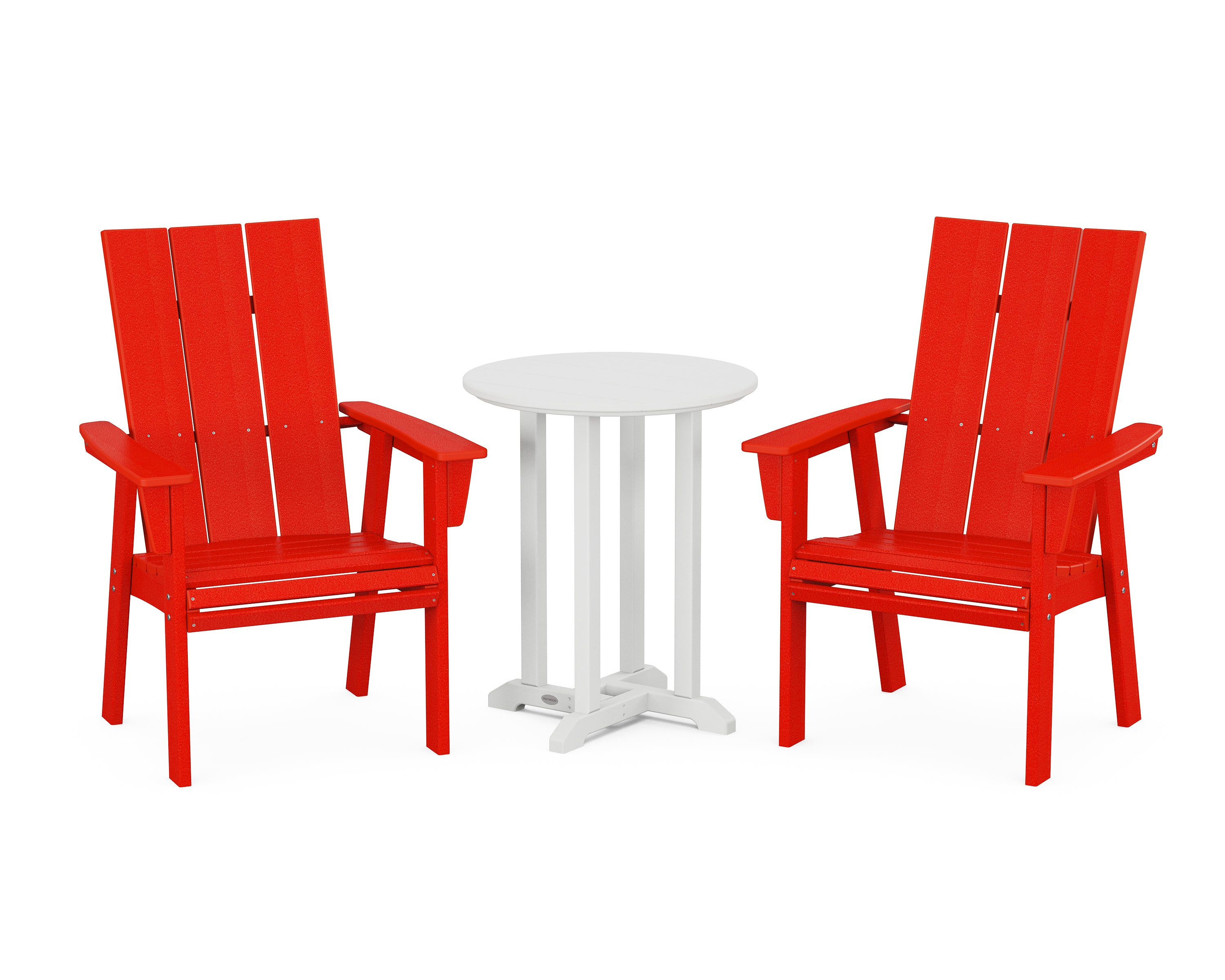 POLYWOOD® Modern Curveback Adirondack 3-Piece Round Dining Set in Sunset Red / White