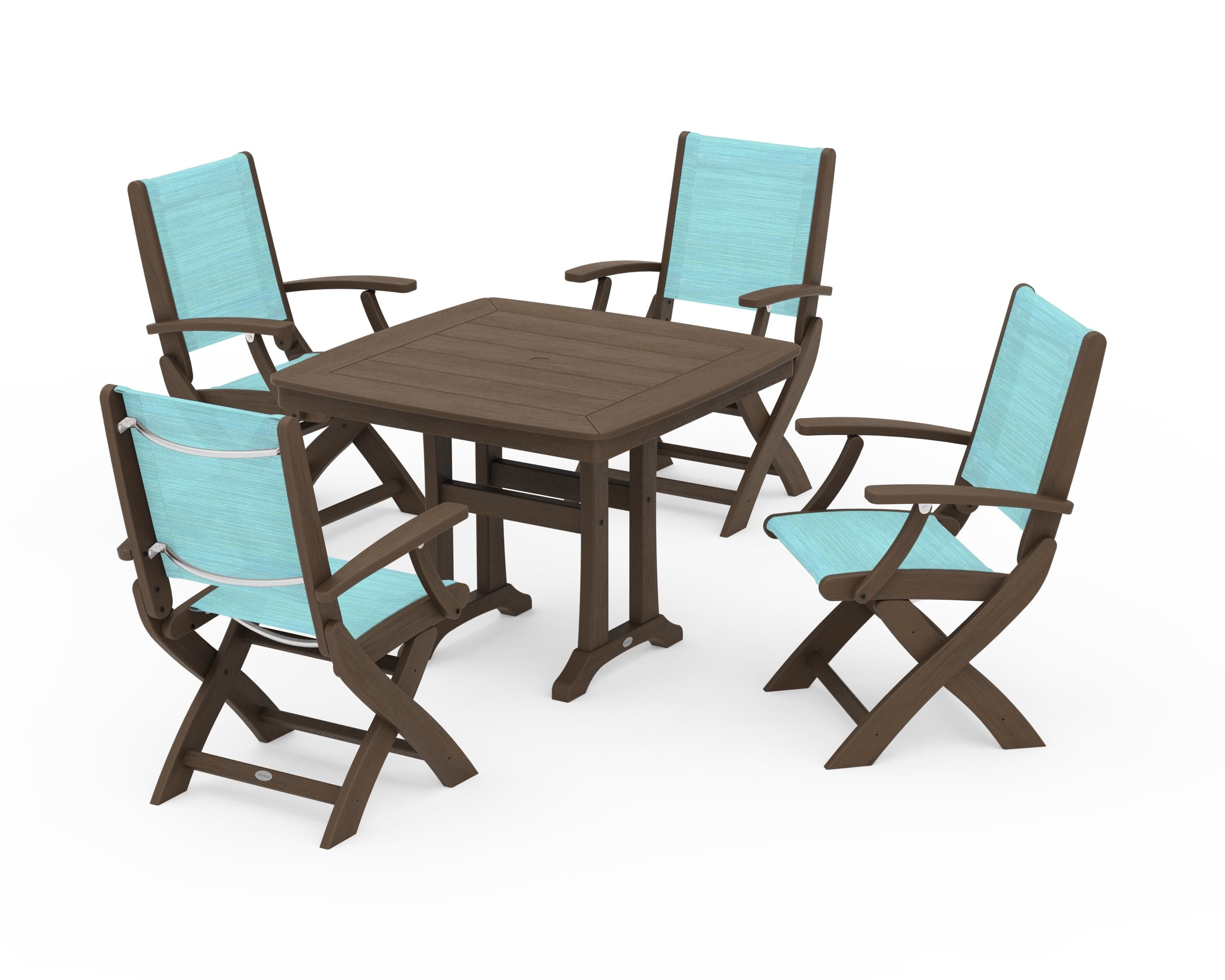 POLYWOOD Coastal Folding Chair 5-Piece Dining Set with Trestle Legs in Kona / Dupioni Aquamarine Sling