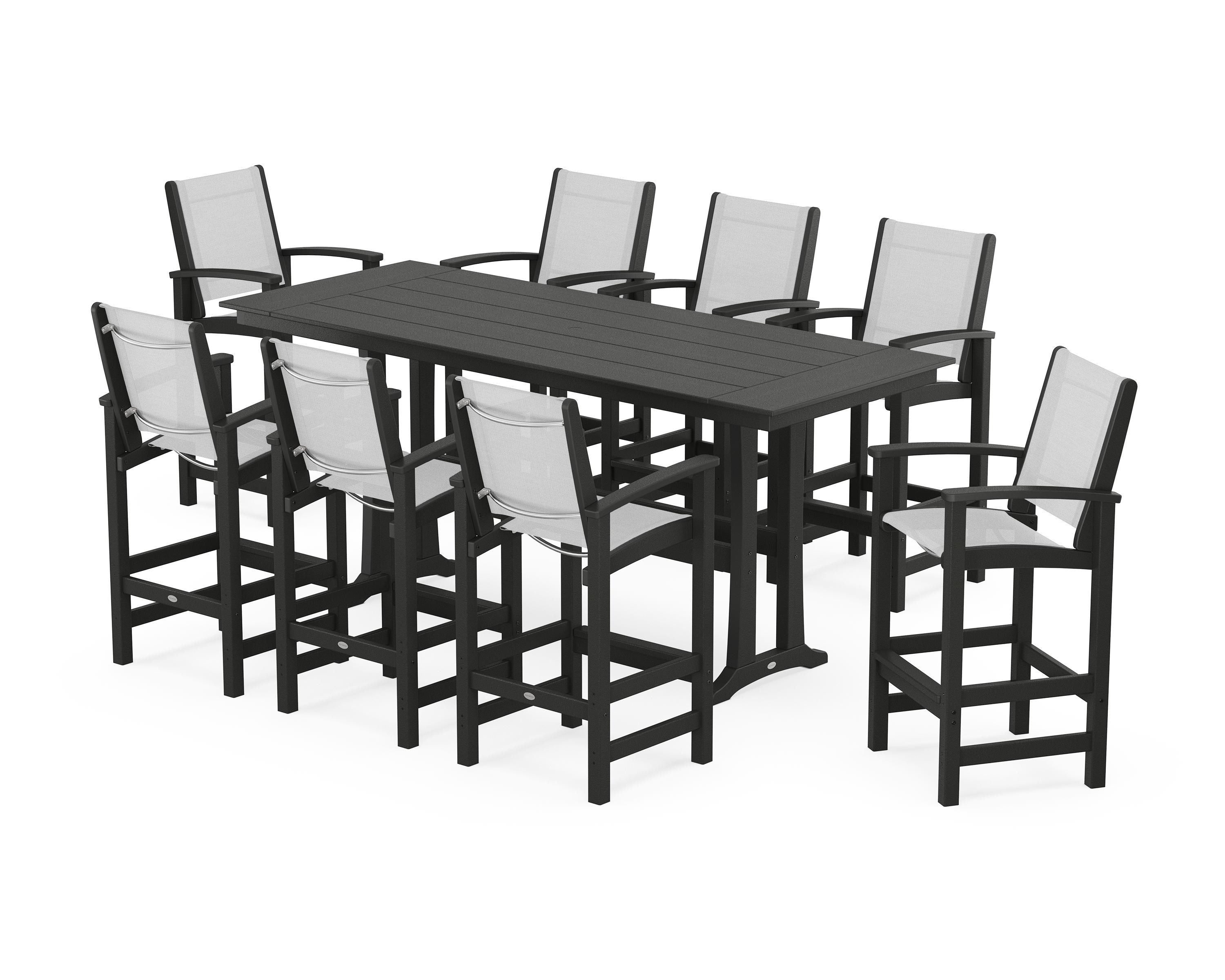 POLYWOOD Coastal 9-Piece Farmhouse Bar Set with Trestle Legs in Black / White Sling