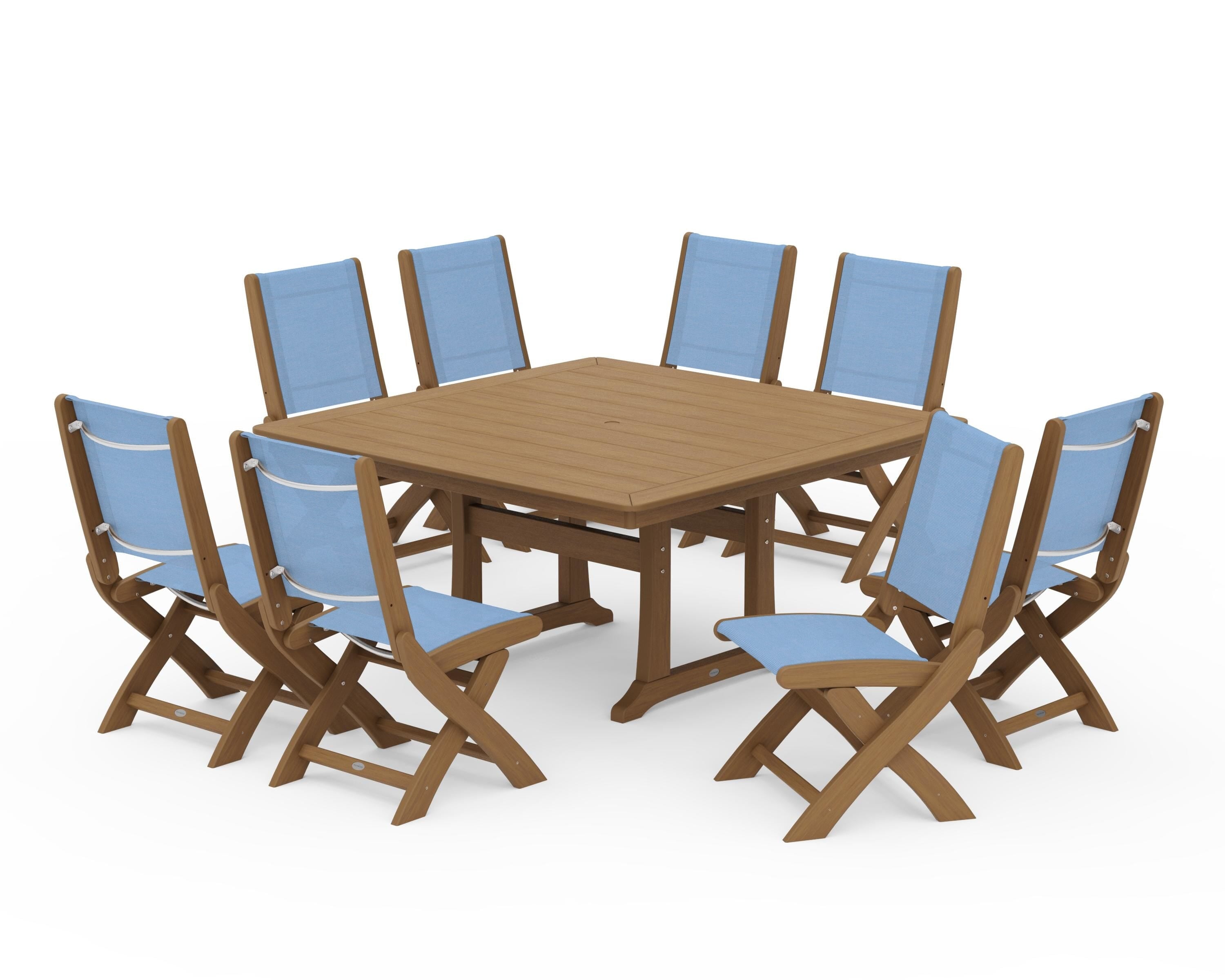 POLYWOOD Coastal Folding Side Chair 9-Piece Dining Set with Trestle Legs in Natural / Poolside Sling