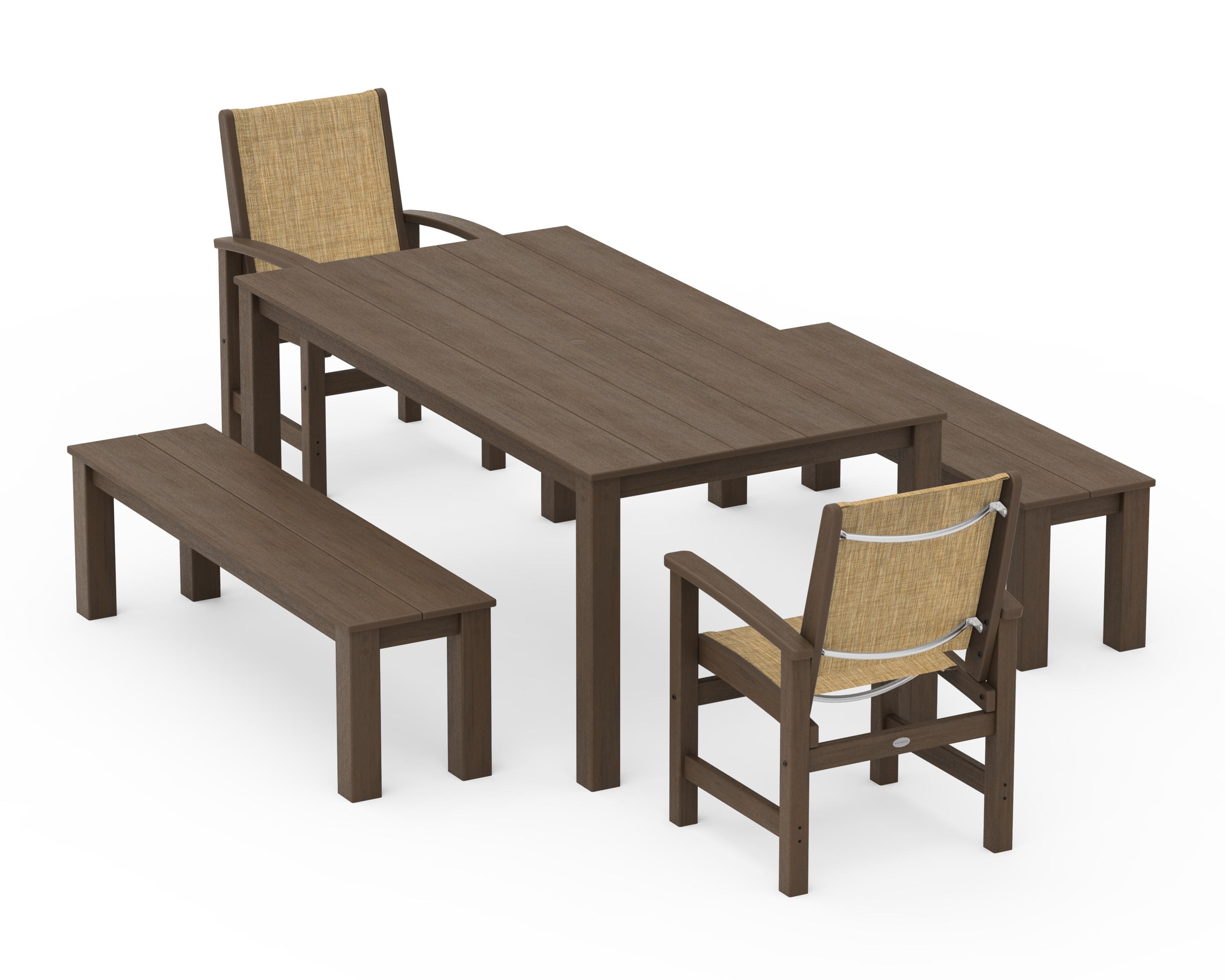 POLYWOOD Coastal 5-Piece Parsons Dining Set with Benches in Kona / Burlap Sling