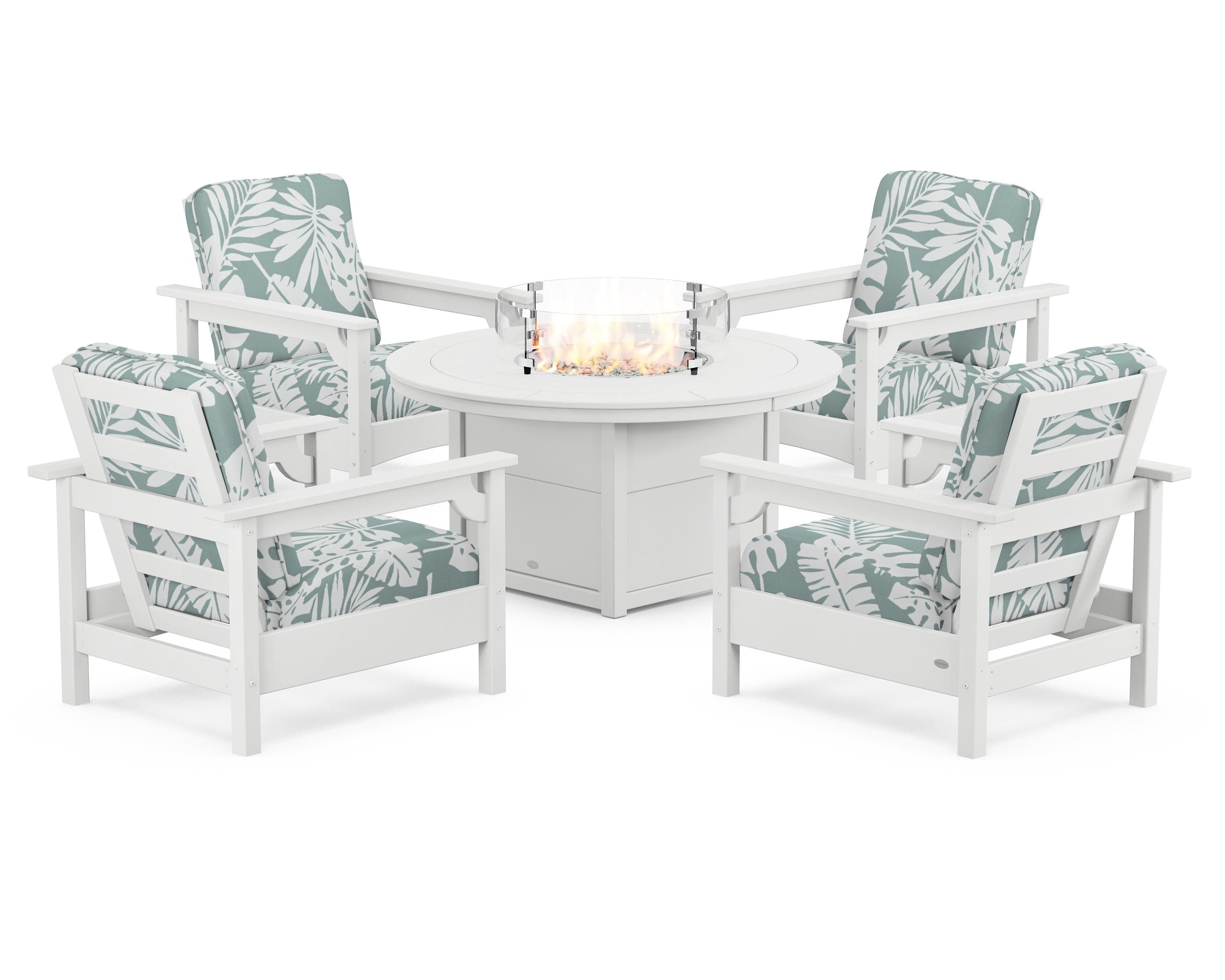 POLYWOOD Club 5-Piece Conversation Set with Fire Pit Table in White / Leaf Glacier Spa