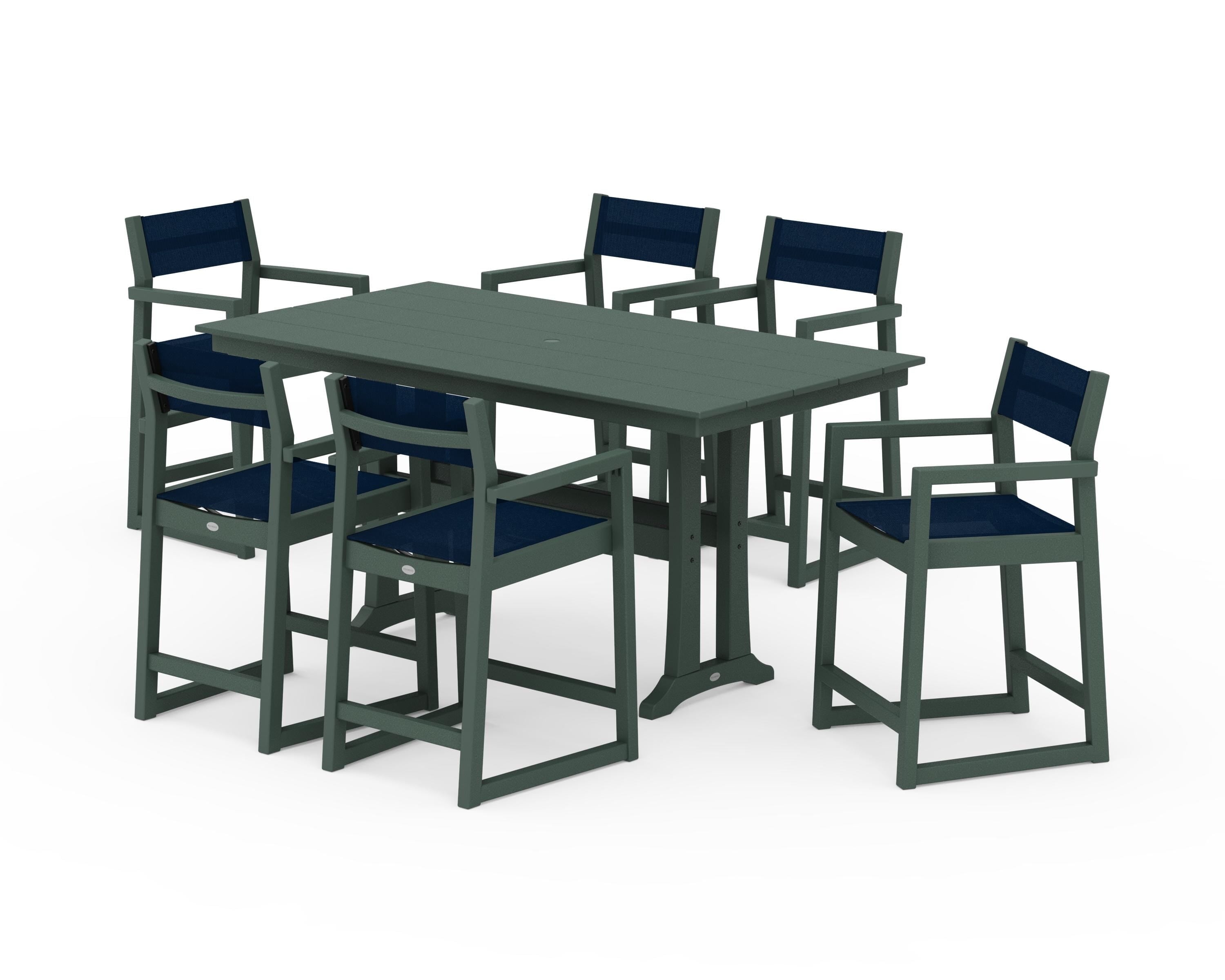 POLYWOOD EDGE Sling Arm Chair 7-Piece Farmhouse Counter Set with Trestle Legs in Green / Navy Blue Sling