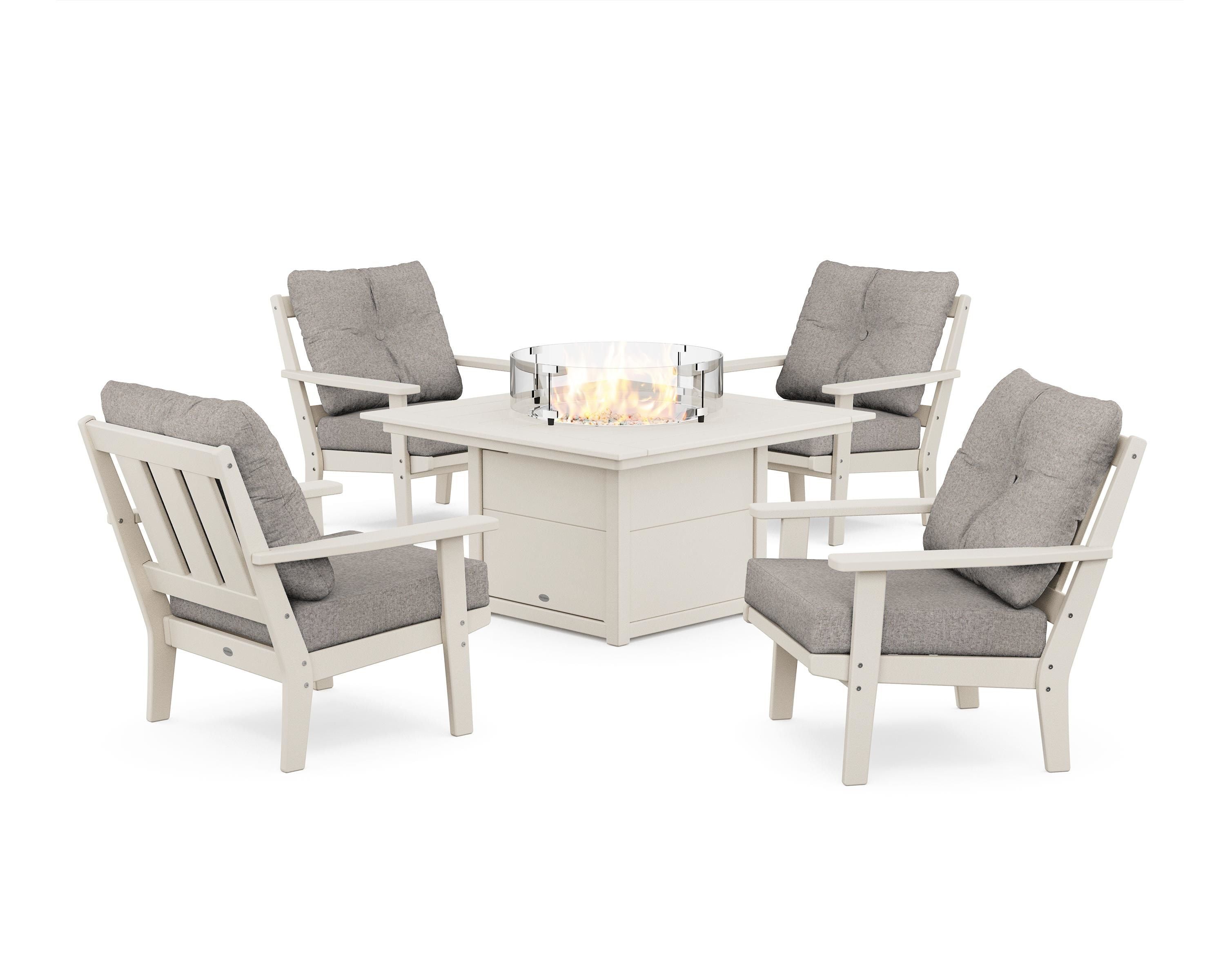 POLYWOOD Oxford 5-Piece Deep Seating Set with Fire Pit Table in Sand / Weathered Tweed