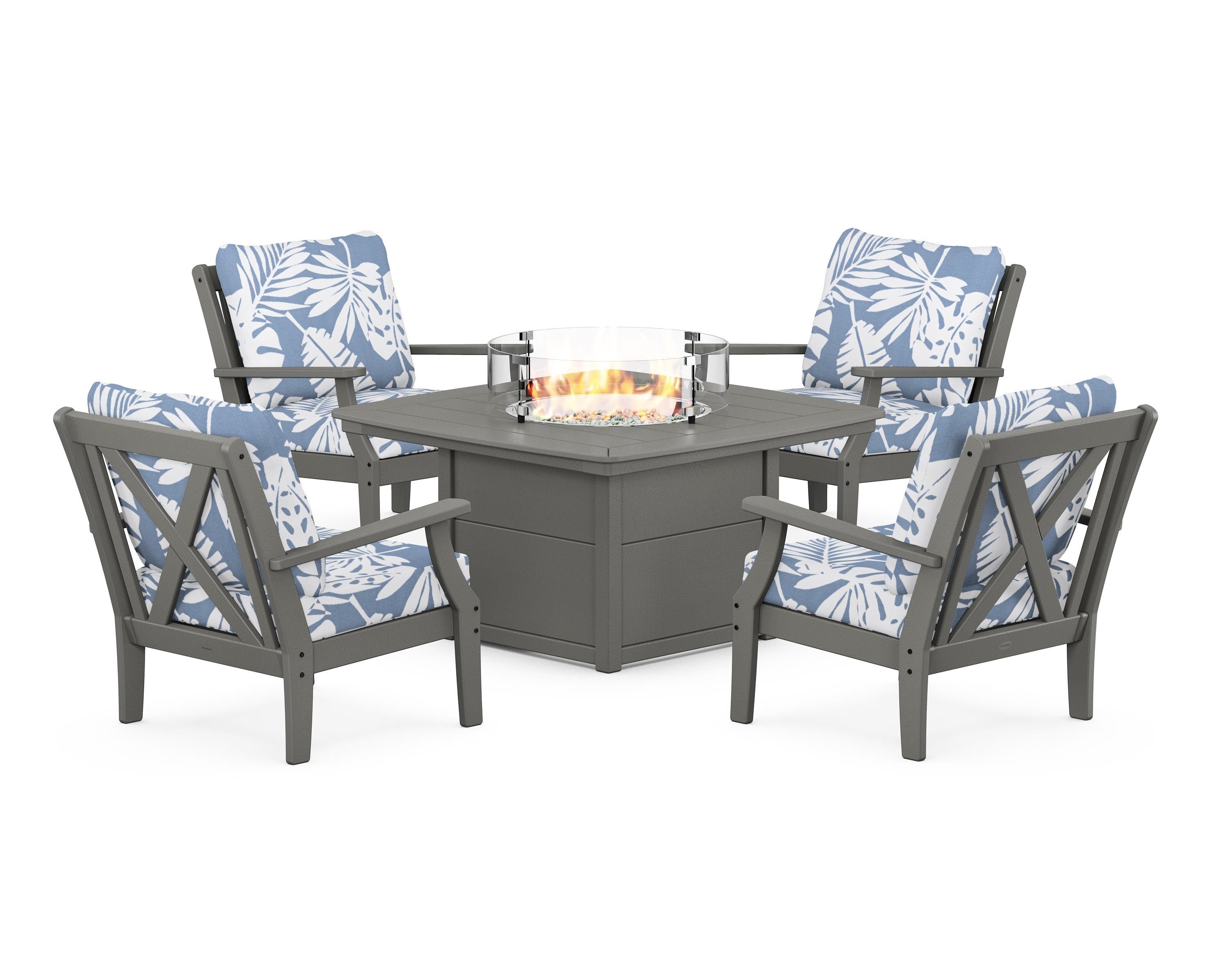 POLYWOOD Braxton 5-Piece Deep Seating Conversation Set with Fire Pit Table in Slate Grey / Leaf Sky Blue