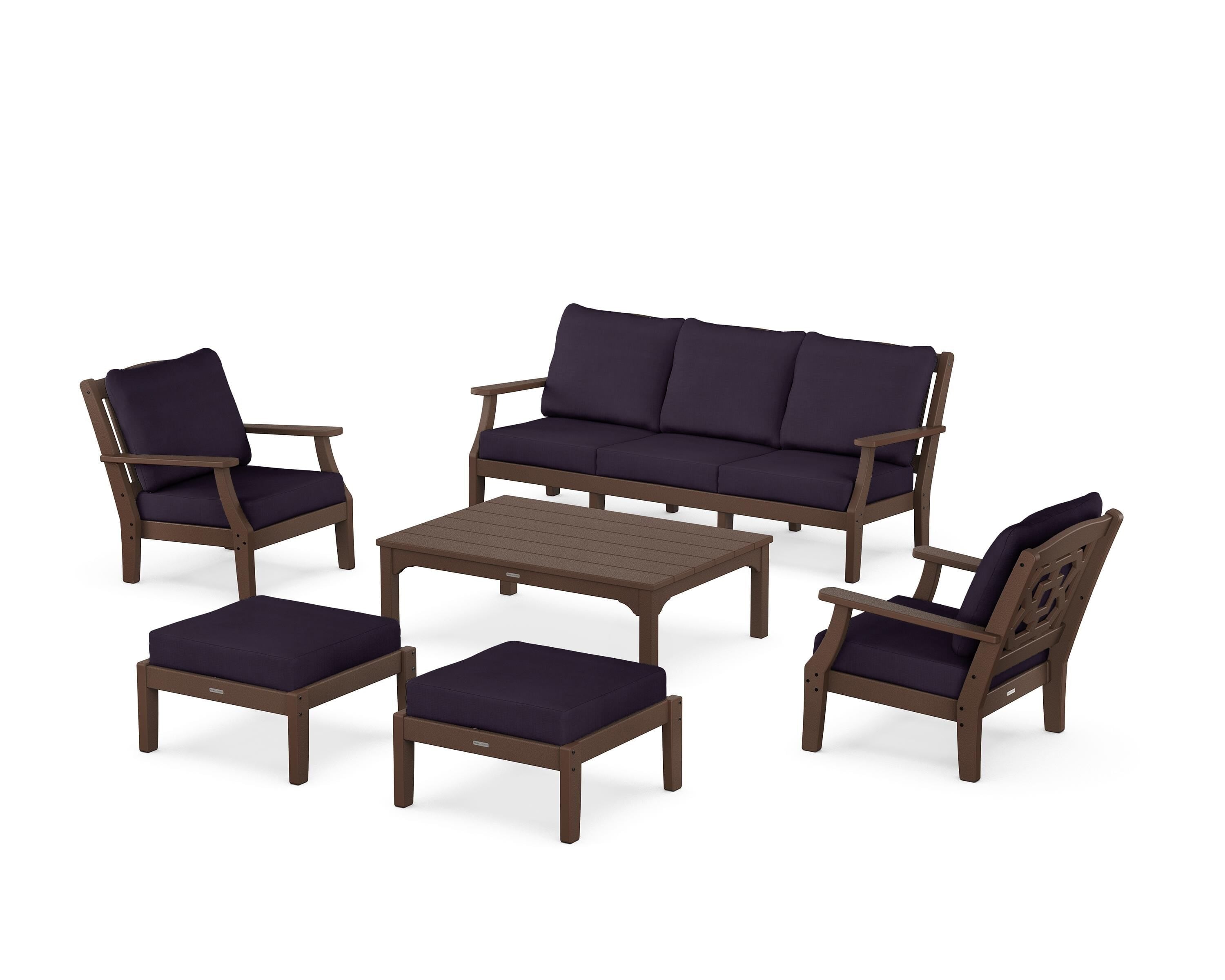 Martha Stewart by POLYWOOD Chinoiserie 6-Piece Lounge Sofa Set in Mahogany / Navy Linen