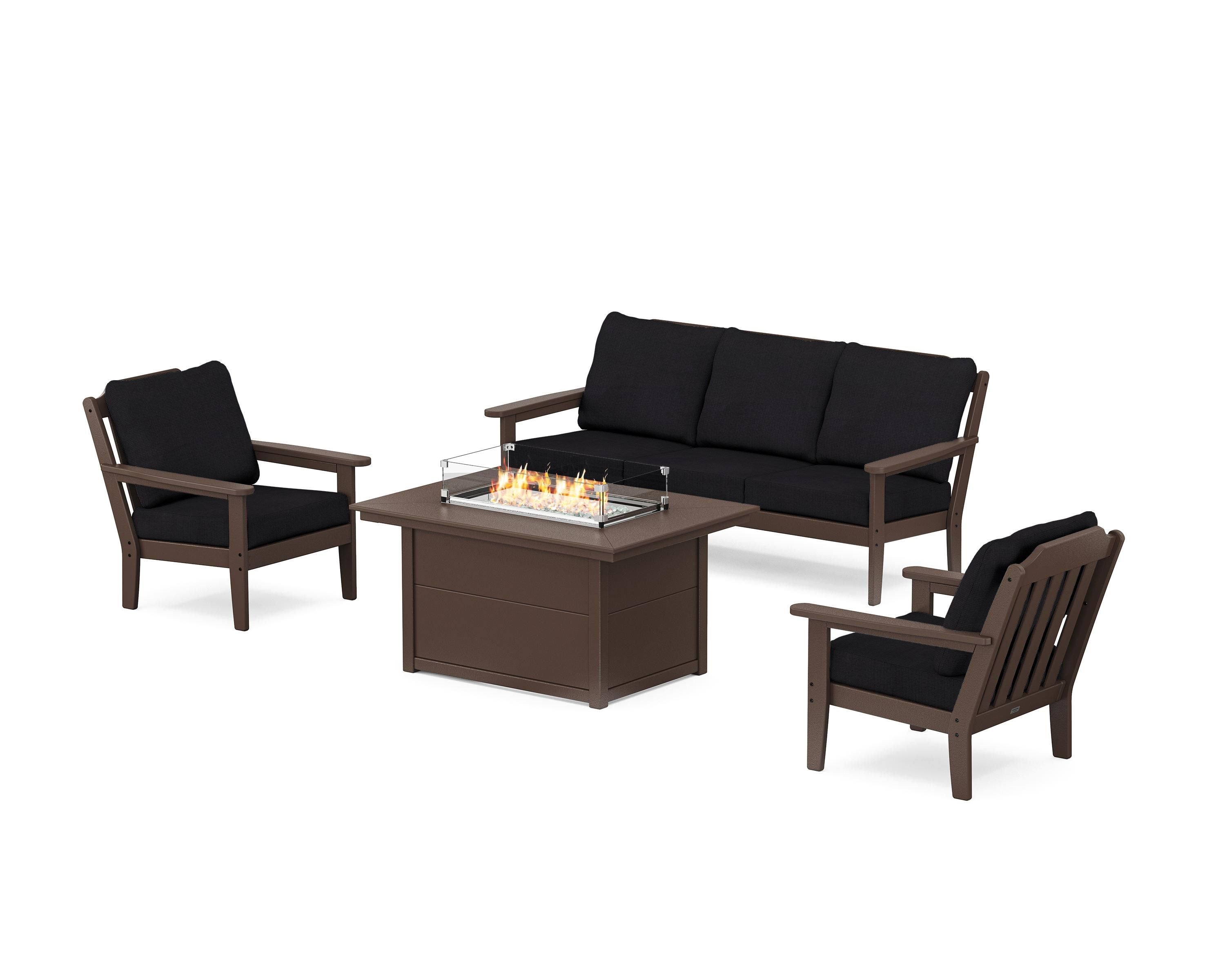 Country Living Cottage Deep Seating Fire Pit Table Set in Mahogany / Midnight Linen