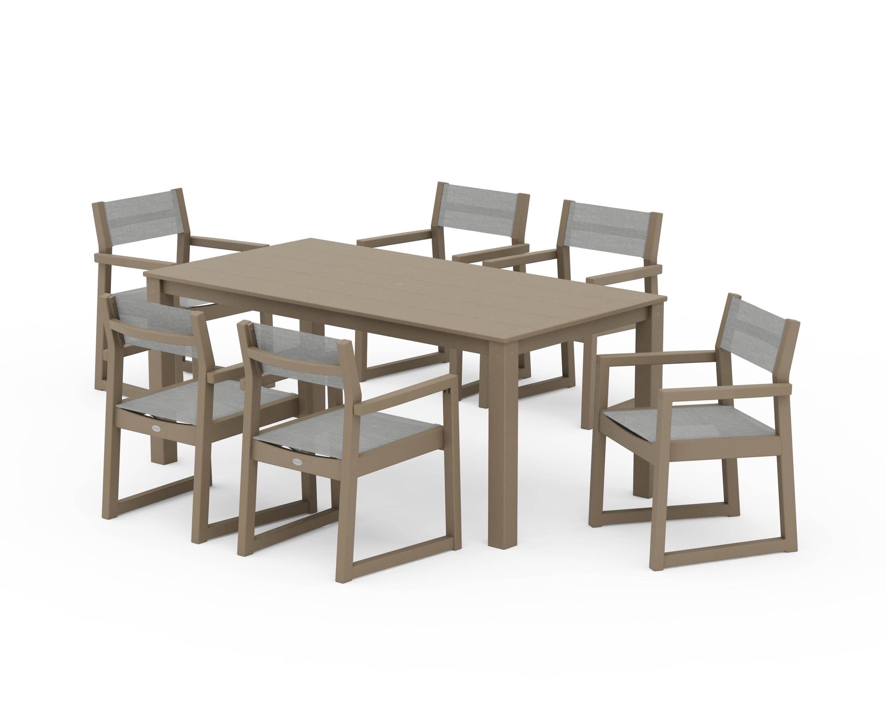 POLYWOOD EDGE Sling Arm Chair 7-Piece Parsons Dining Set in Vintage Sahara / Metallic Sling