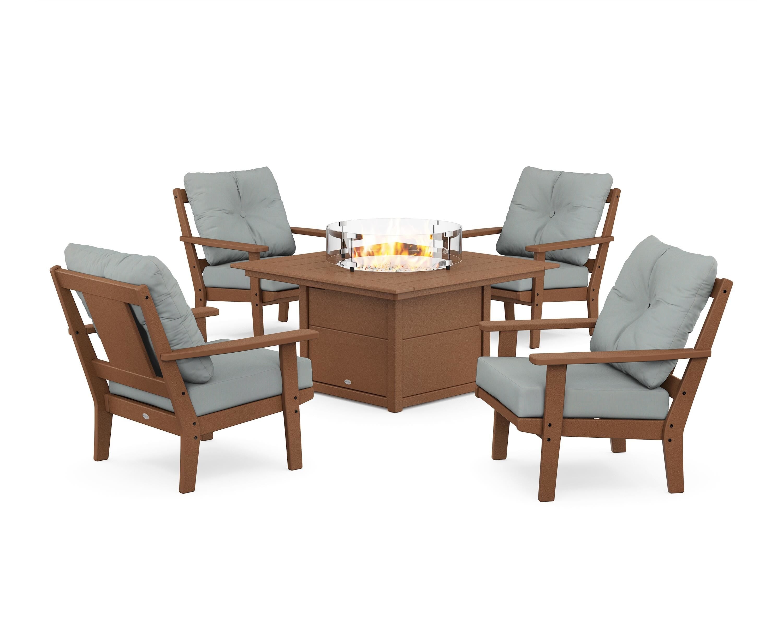 POLYWOOD Prairie 5-Piece Deep Seating Set with Fire Pit Table in Teak / Spa