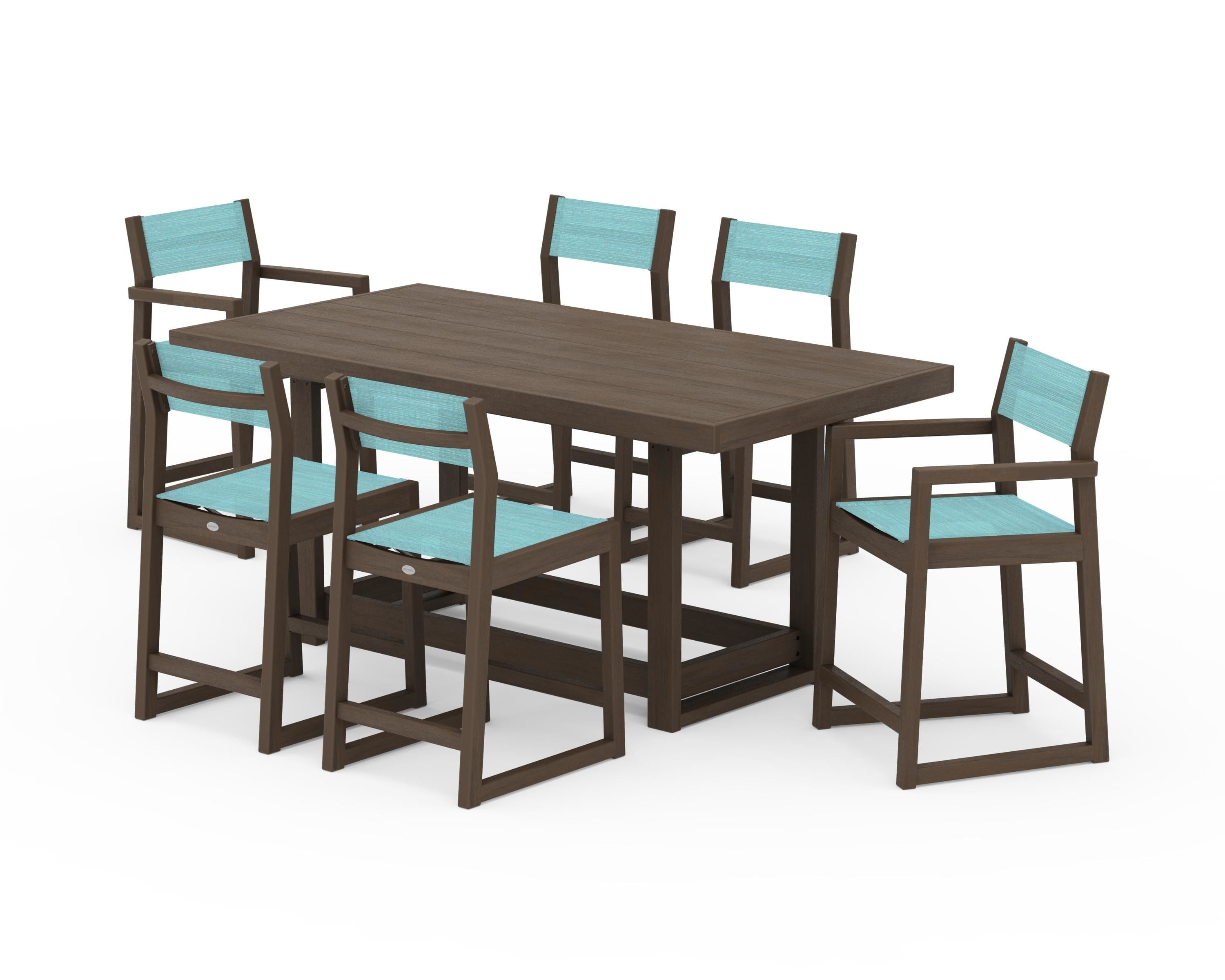 POLYWOOD EDGE Sling 7-Piece Counter Table Set in Kona / Dupioni Aquamarine Sling