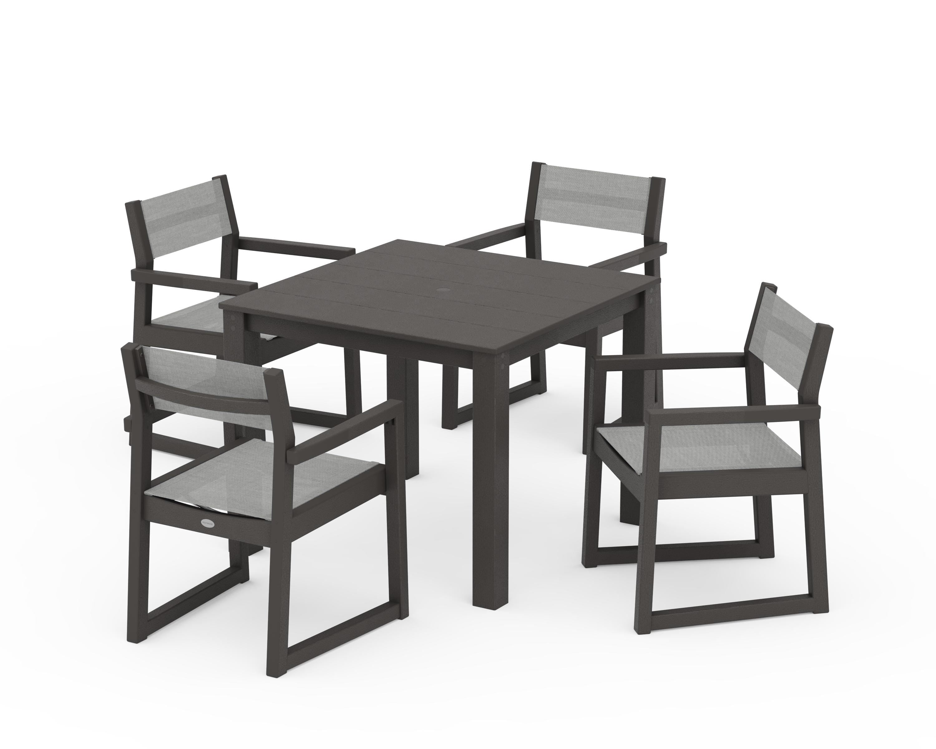 POLYWOOD EDGE Sling Arm Chair 5-Piece Parsons Dining Set in Vintage Coffee / Metallic Sling