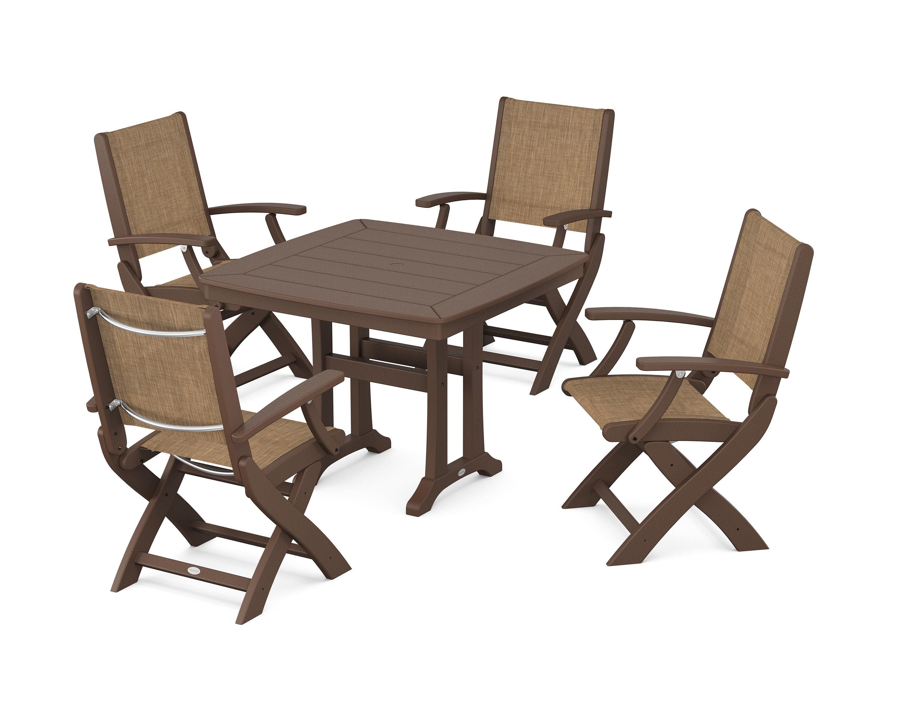 POLYWOOD Coastal Folding Chair 5-Piece Dining Set with Trestle Legs in Mahogany / Burlap Sling