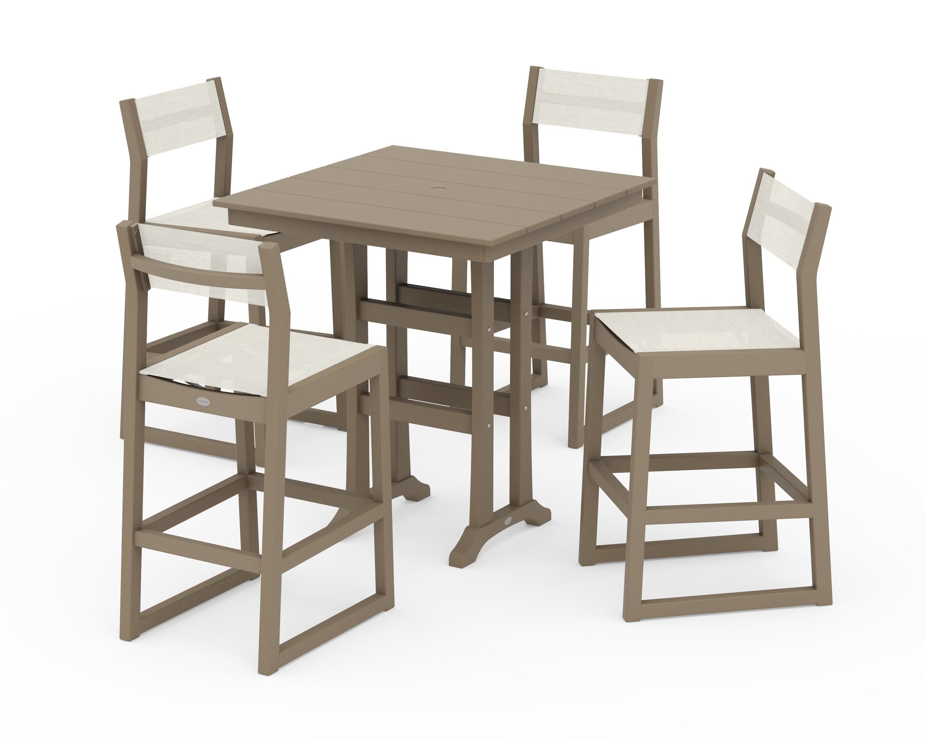 POLYWOOD EDGE Sling Arm Chair 5-Piece Farmhouse Bar Set with Trestle Legs in Vintage Sahara / Parchment Sling