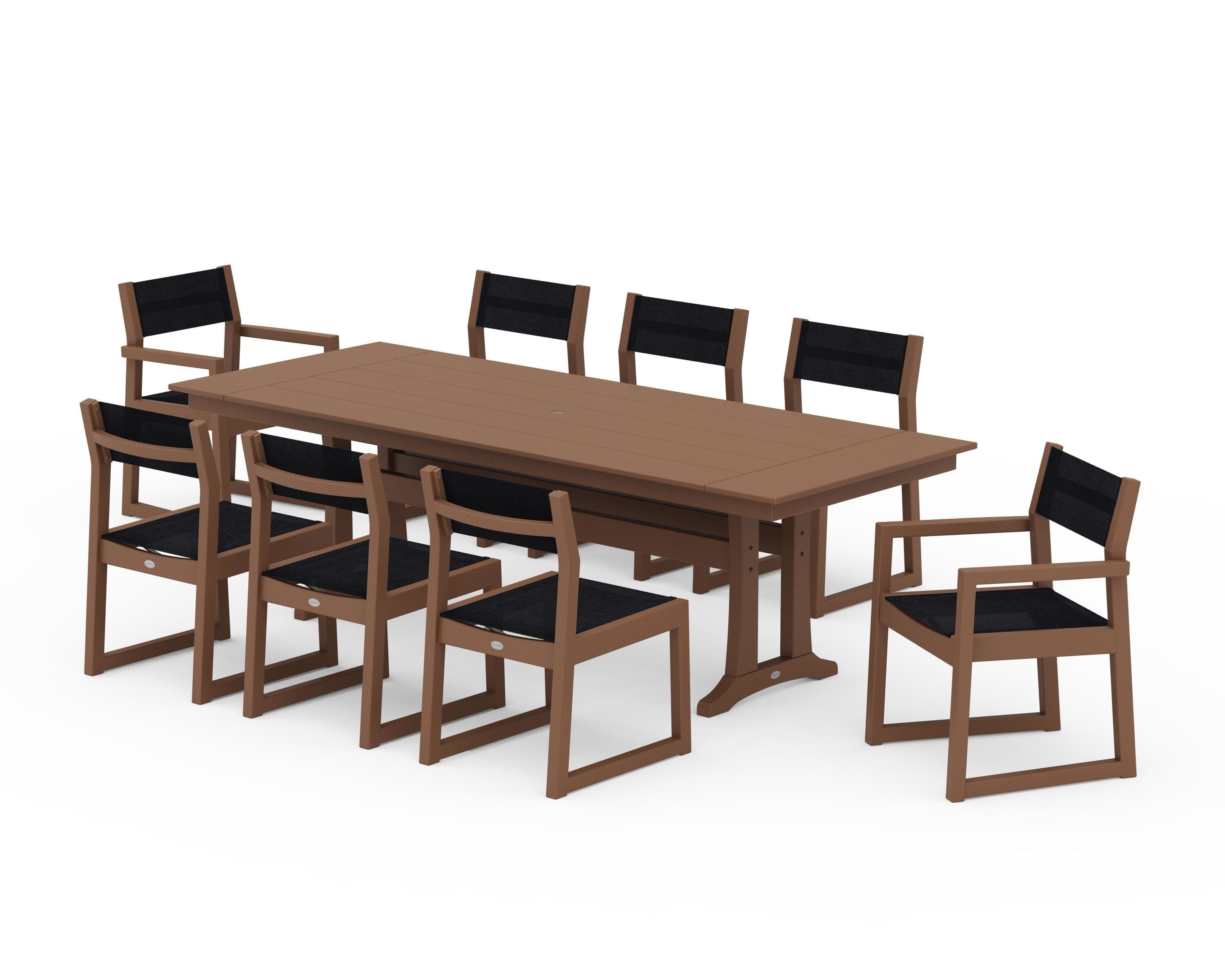 POLYWOOD EDGE Sling 9-Piece Farmhouse Trestle Dining Set in Teak / Black Sling