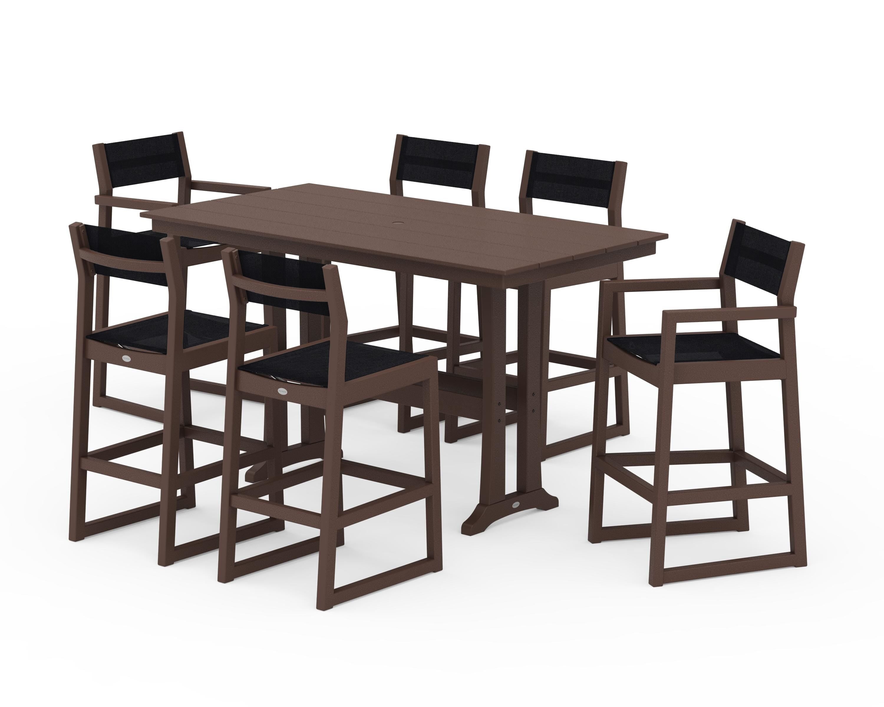 POLYWOOD EDGE Sling 7-Piece Farmhouse Bar Set with Trestle Legs in Mahogany / Black Sling