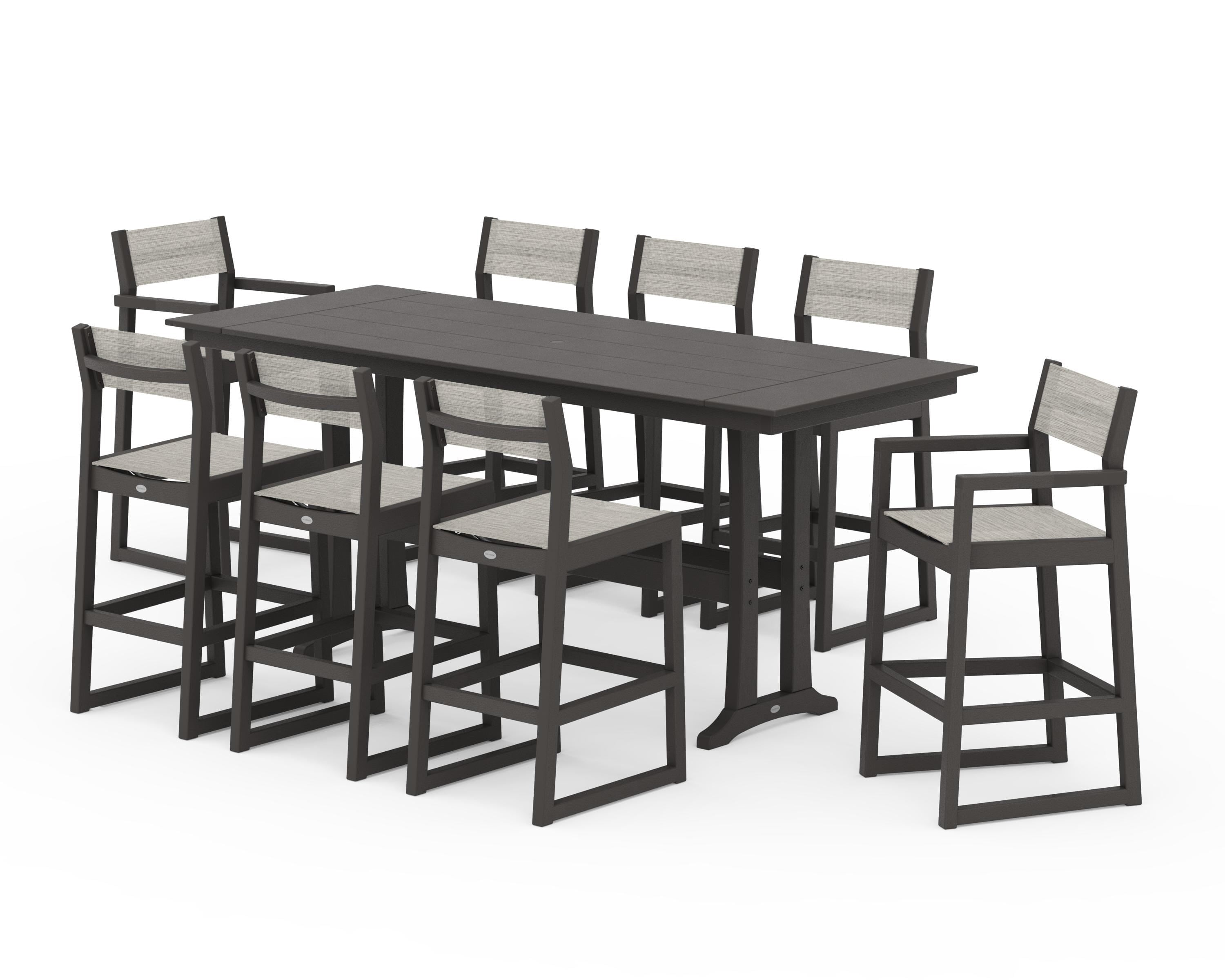 POLYWOOD EDGE Sling 9-Piece Farmhouse Bar Set with Trestle Legs in Vintage Coffee / Birch Sling