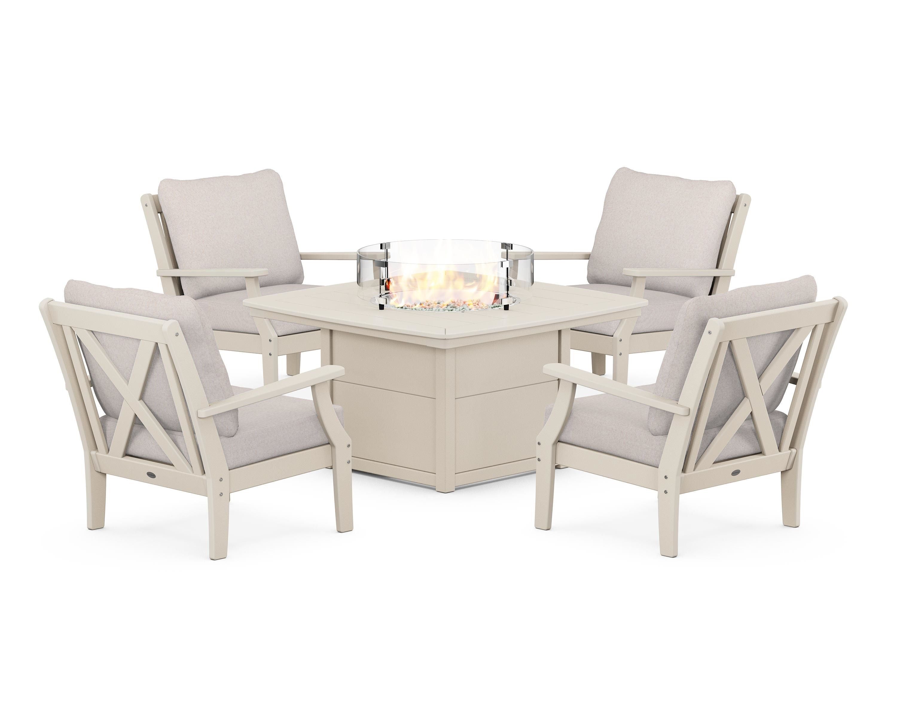 POLYWOOD Braxton 5-Piece Deep Seating Conversation Set with Fire Pit Table in Sand / Dune Burlap