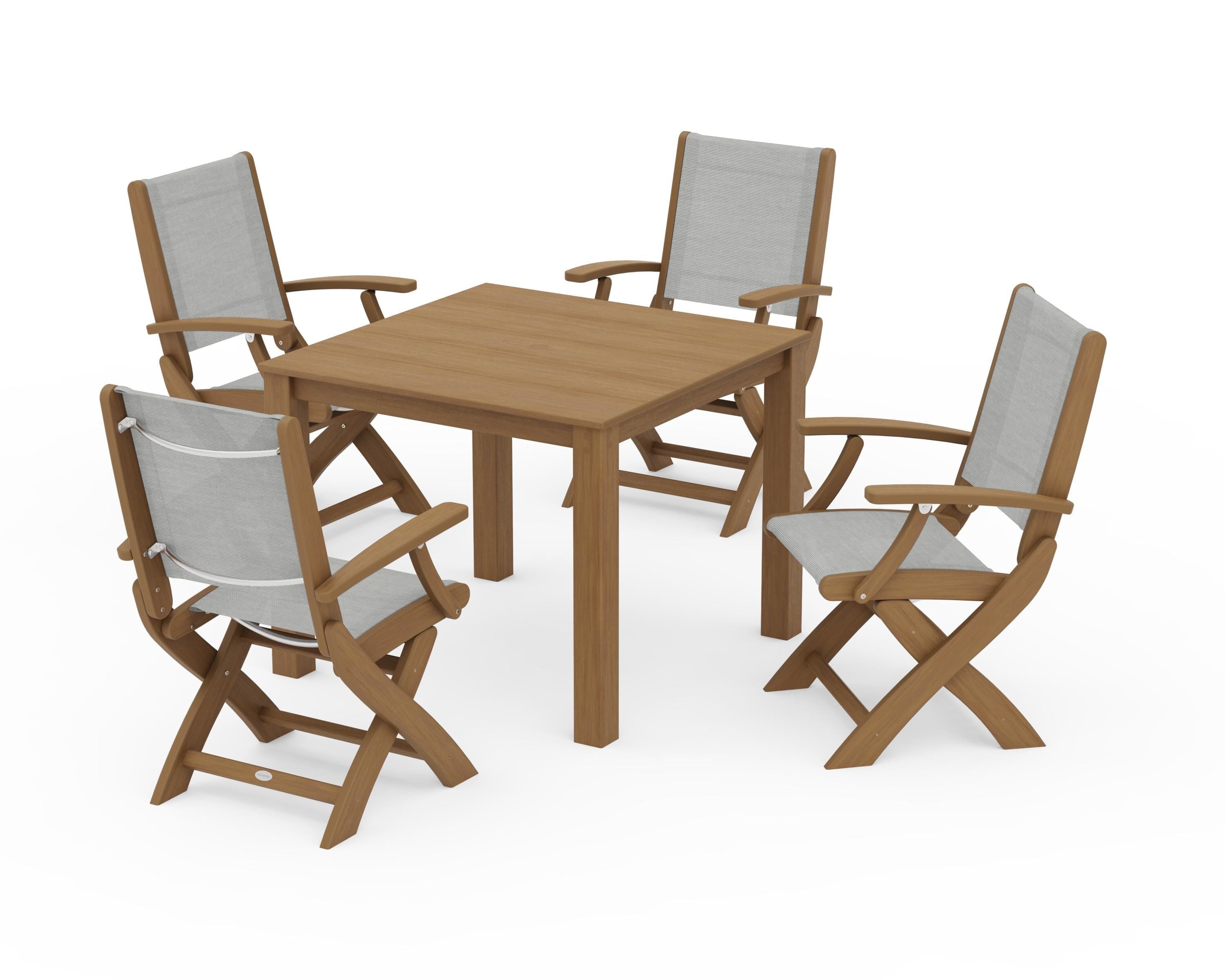 POLYWOOD Coastal Folding Chair 5-Piece Parsons Dining Set in Natural / Metallic Sling