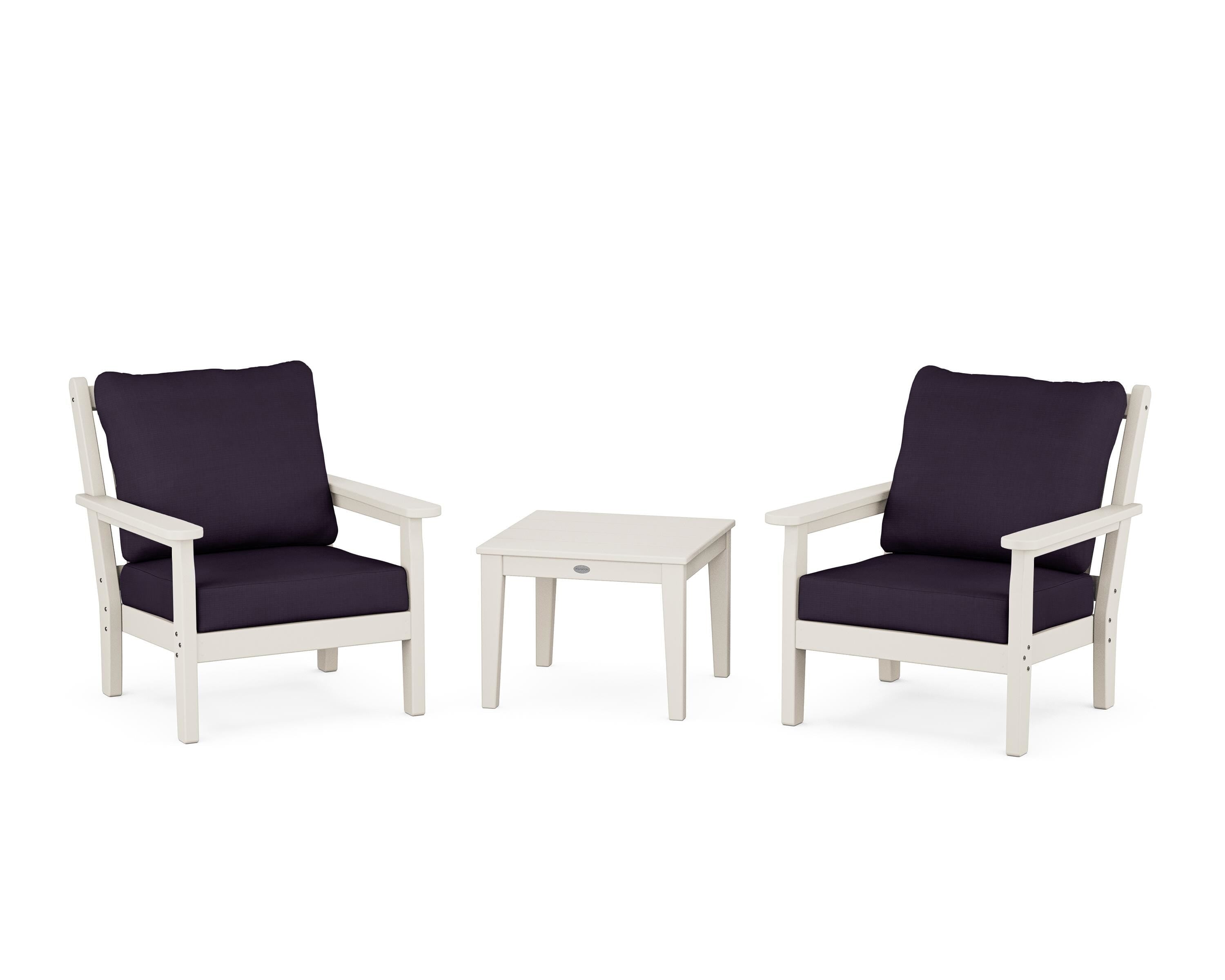 POLYWOOD Chippendale 3-Piece Deep Seating Set in Sand / Navy Linen