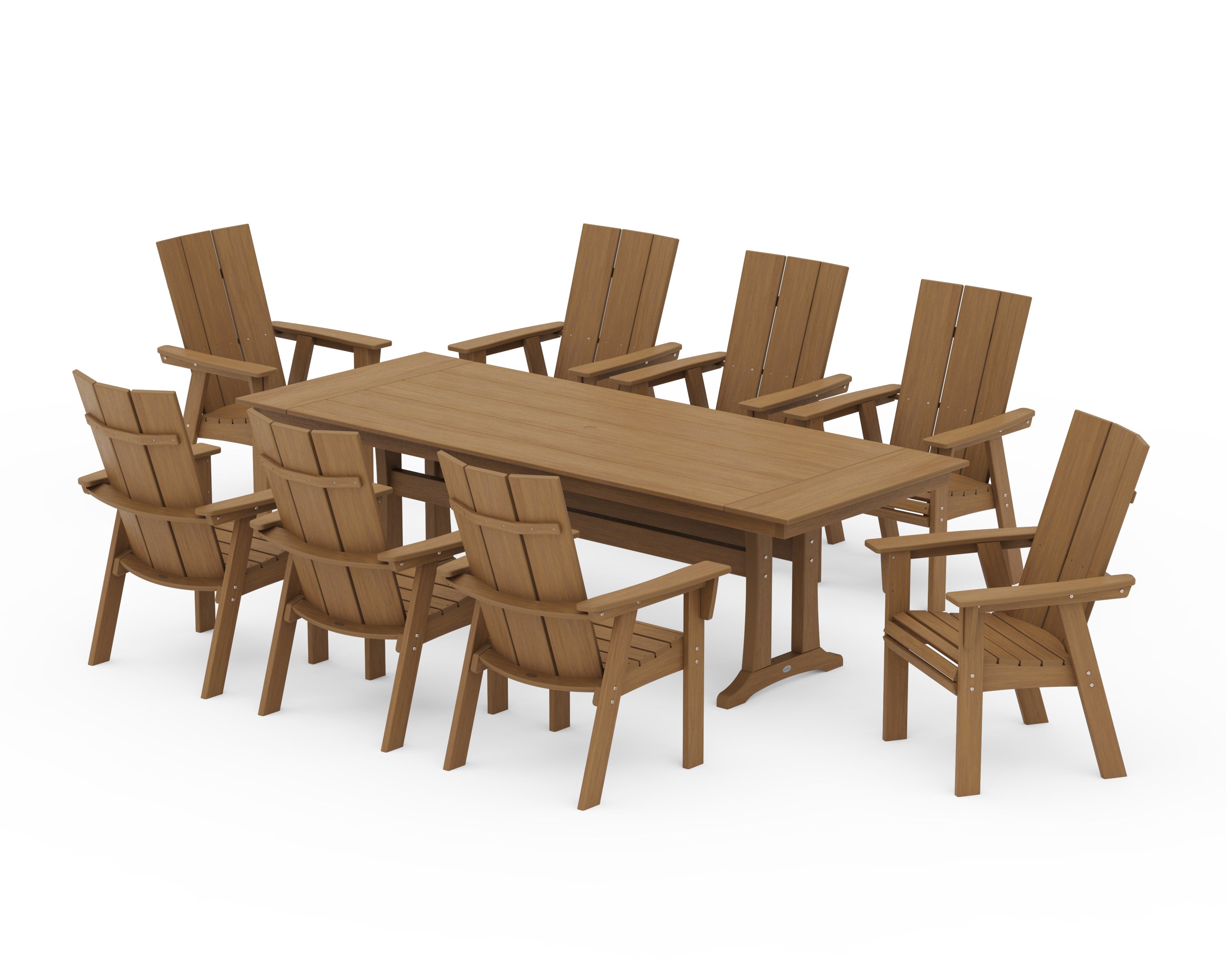 POLYWOOD Modern Curveback Adirondack 9-Piece Farmhouse Dining Set with Trestle Legs in Natural