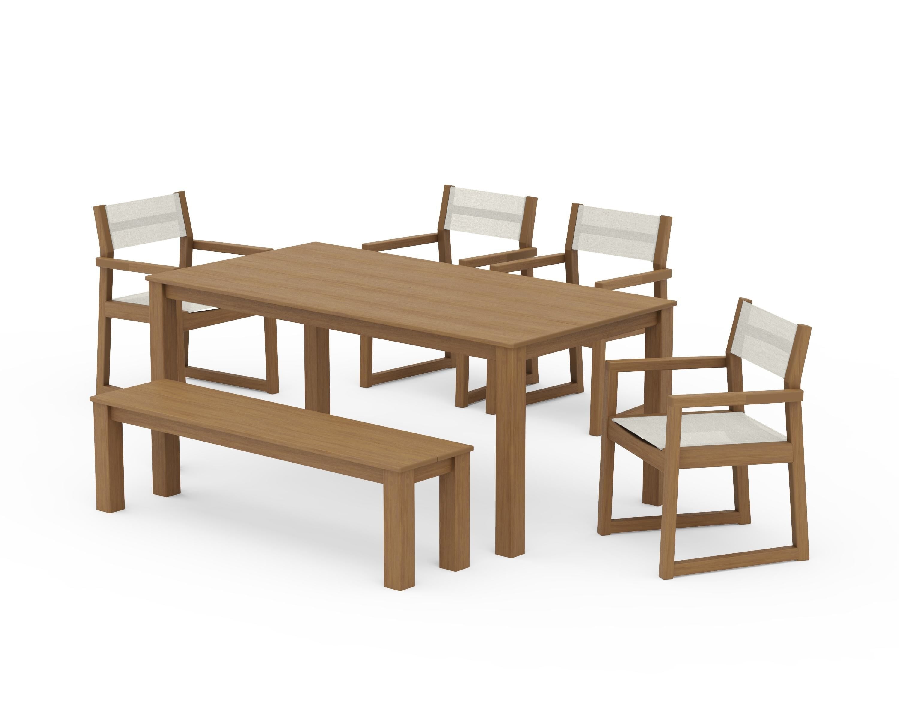 POLYWOOD EDGE Sling Arm Chair 6-Piece Parsons Dining Set with Bench in Natural / Parchment Sling