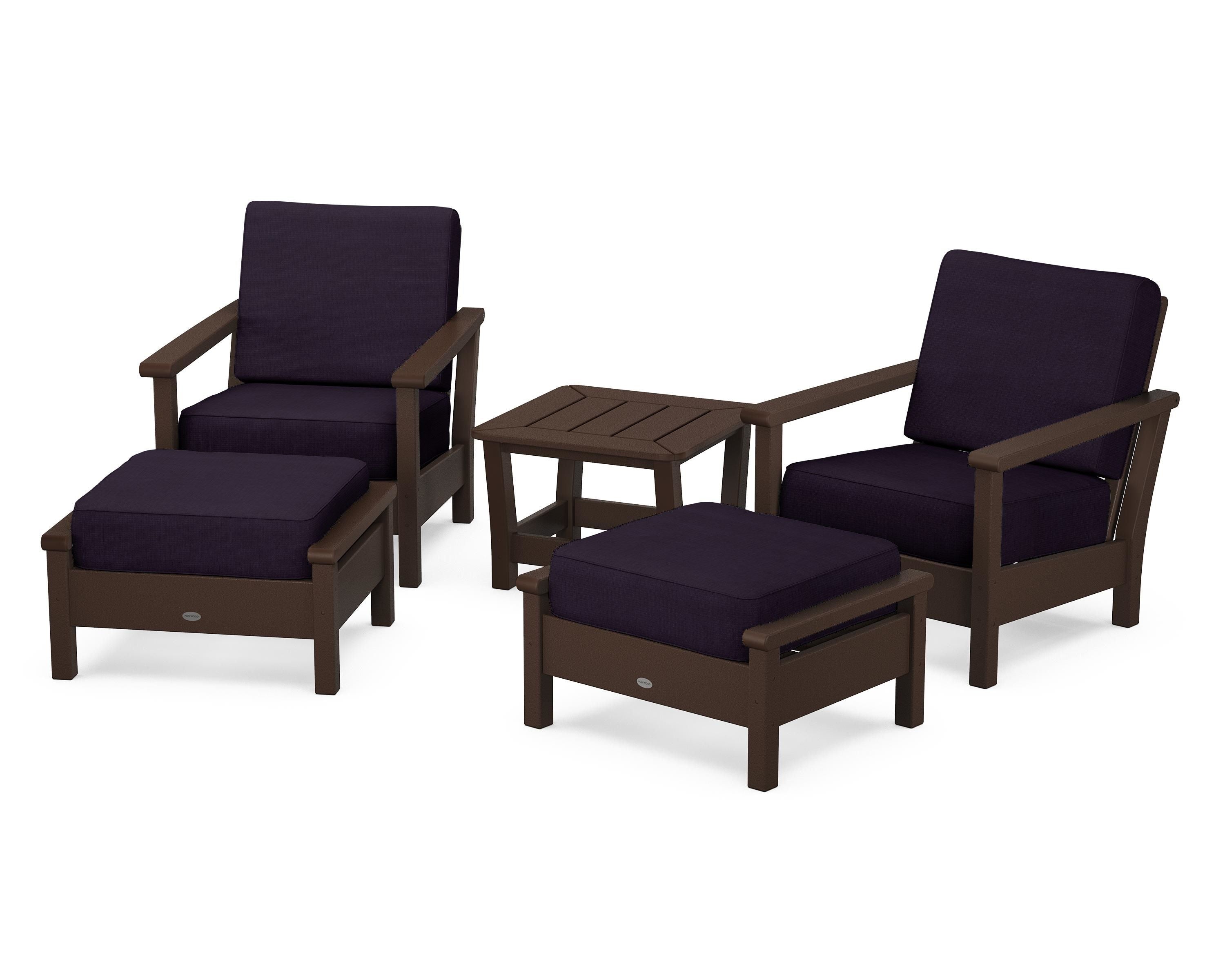 POLYWOOD Harbour 5-Piece Deep Seating Chair Set in Mahogany / Navy Linen