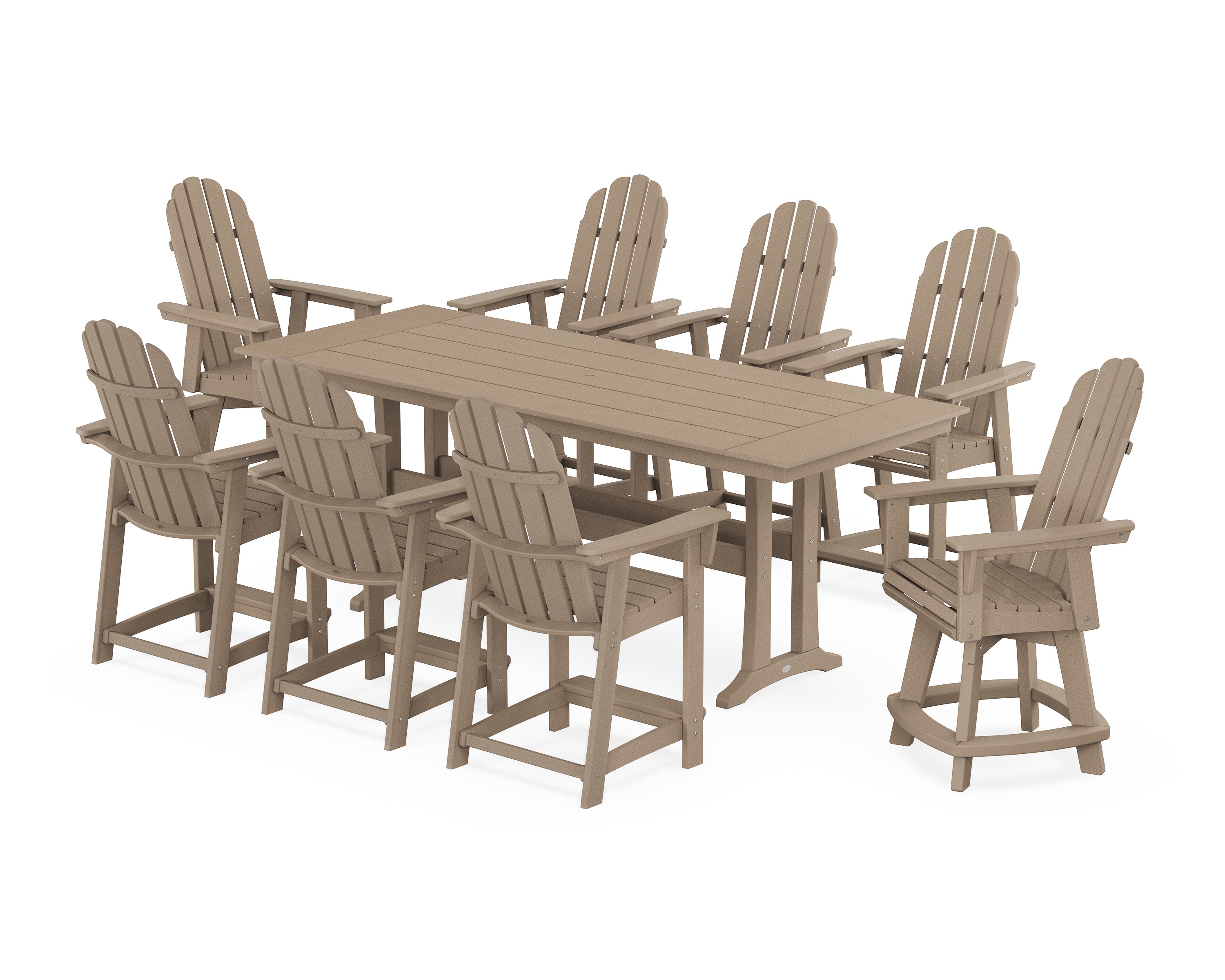 POLYWOOD® Vineyard Curveback Adirondack Swivel 9-Piece Farmhouse Counter Set with Trestle Legs in Vintage Sahara