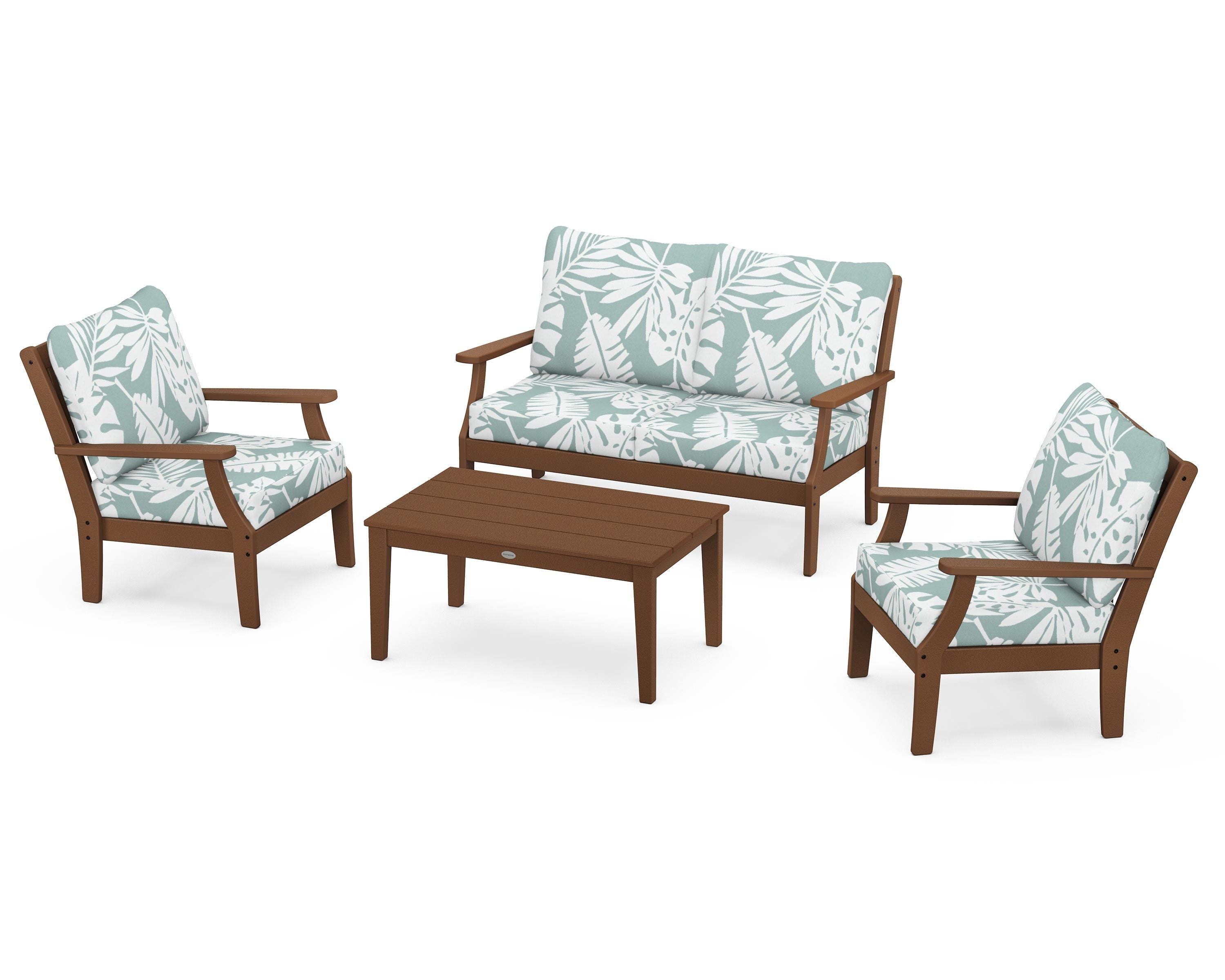 POLYWOOD Braxton 4-Piece Deep Seating Chair Set in Teak / Leaf Glacier Spa