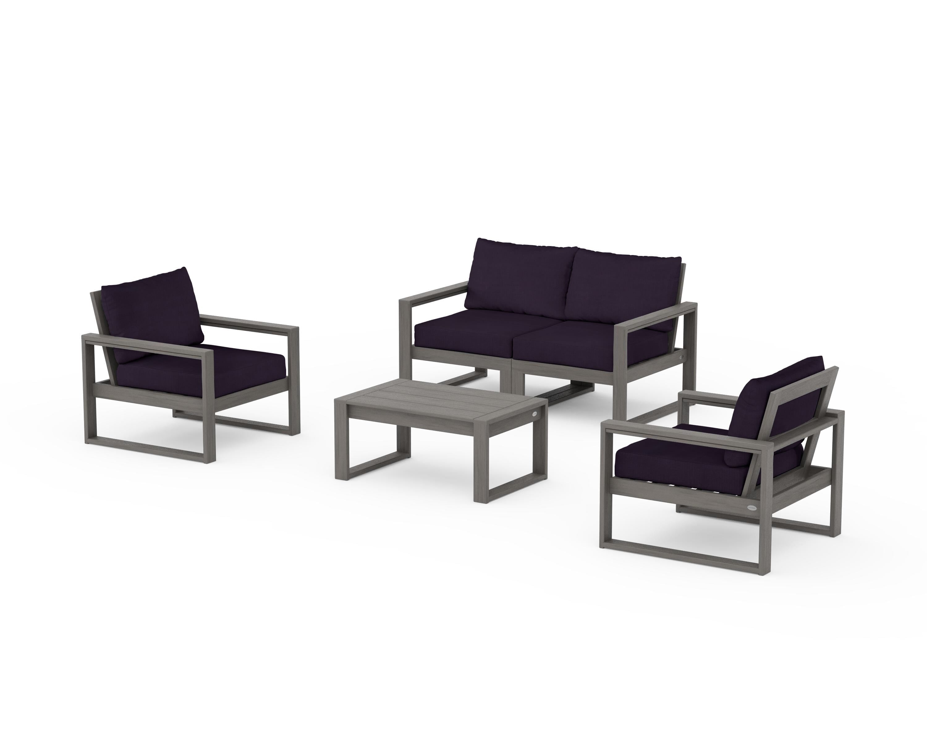 POLYWOOD EDGE Sectional 4-Piece Deep Seating Set with Loveseat in Driftwood / Navy Linen
