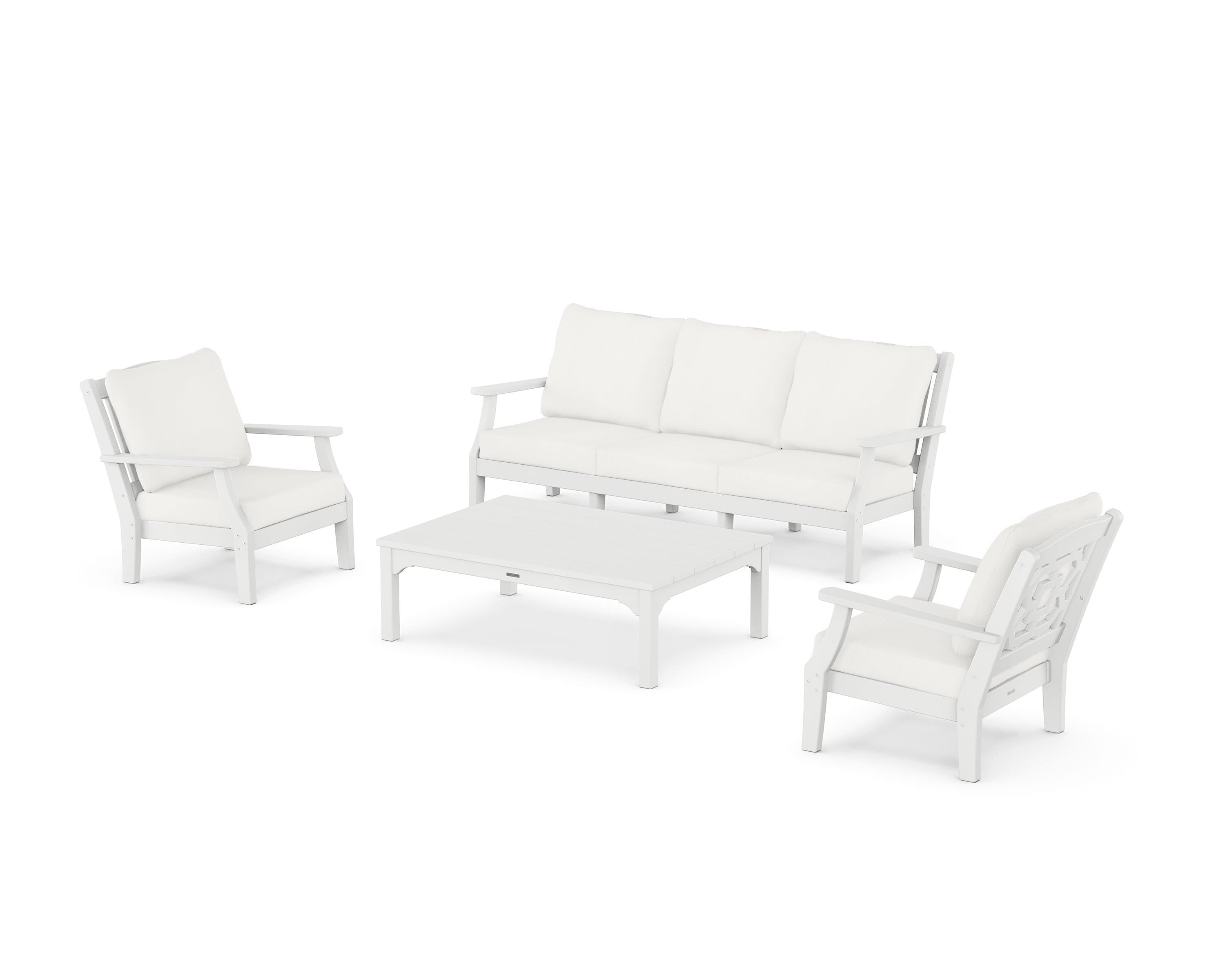 Martha Stewart by POLYWOOD Chinoiserie 4-Piece Deep Seating Set with Sofa in White / Natural Linen