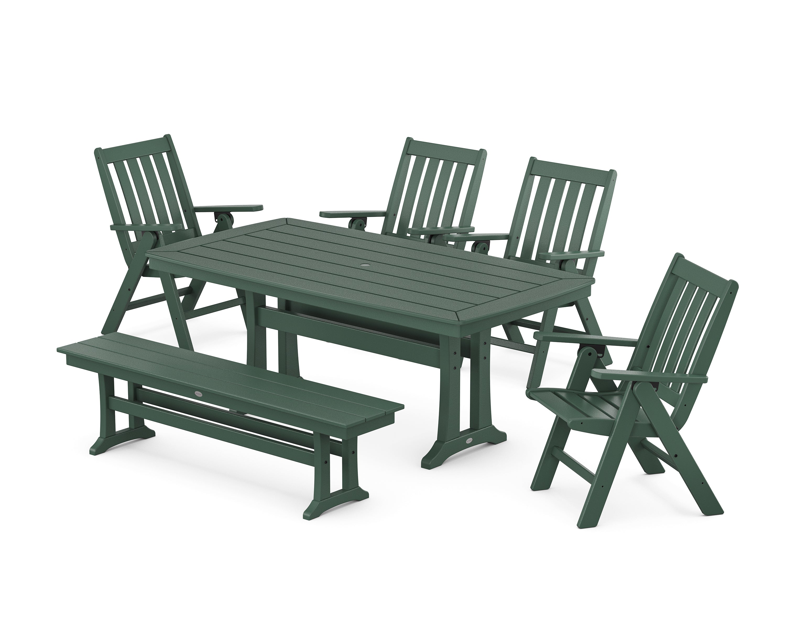 POLYWOOD Vineyard Folding Chair 6-Piece Dining Set with Trestle Legs and Bench in Green