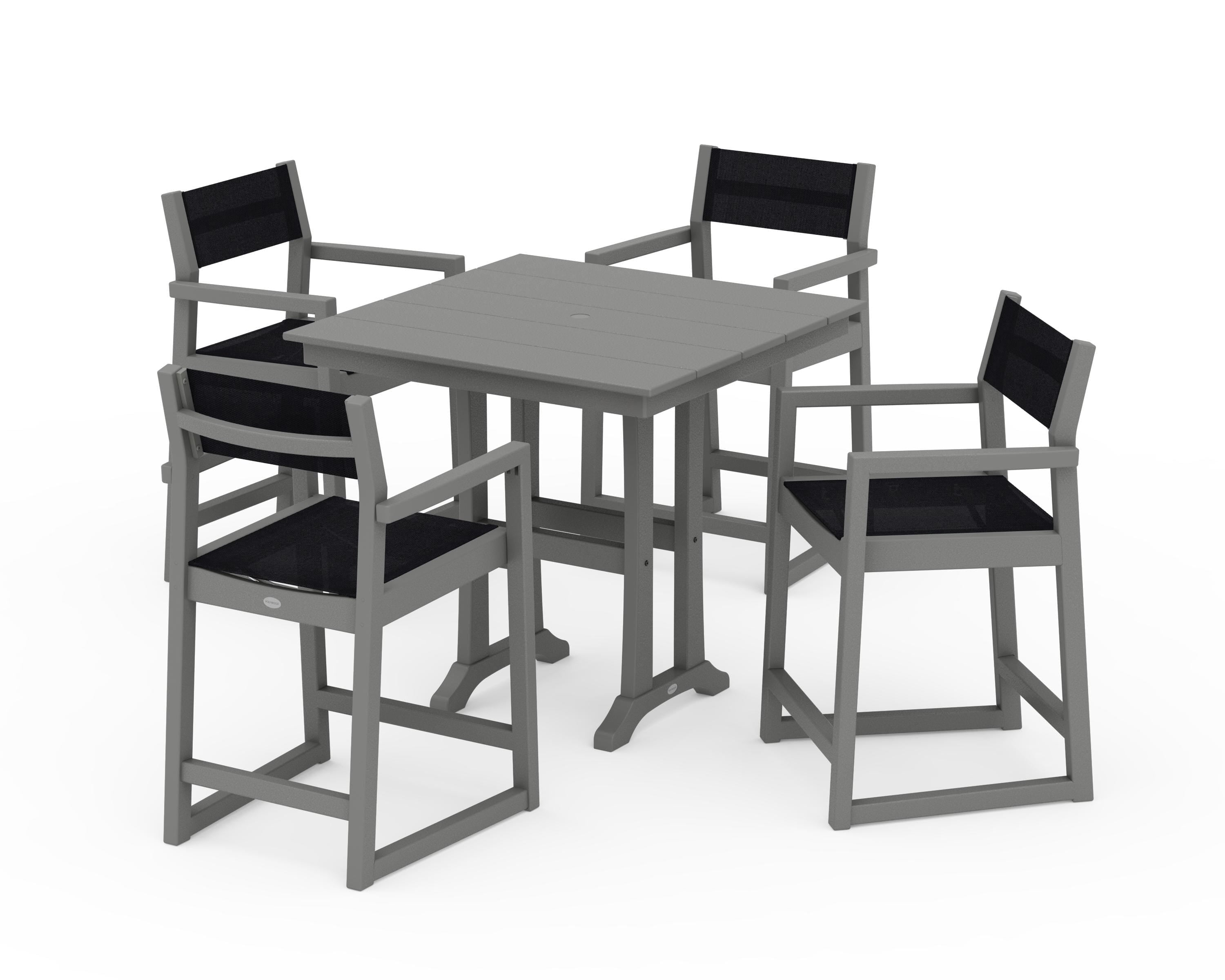 POLYWOOD EDGE Sling Arm Chair 5-Piece Farmhouse Counter Set with Trestle Legs in Slate Grey / Black Sling