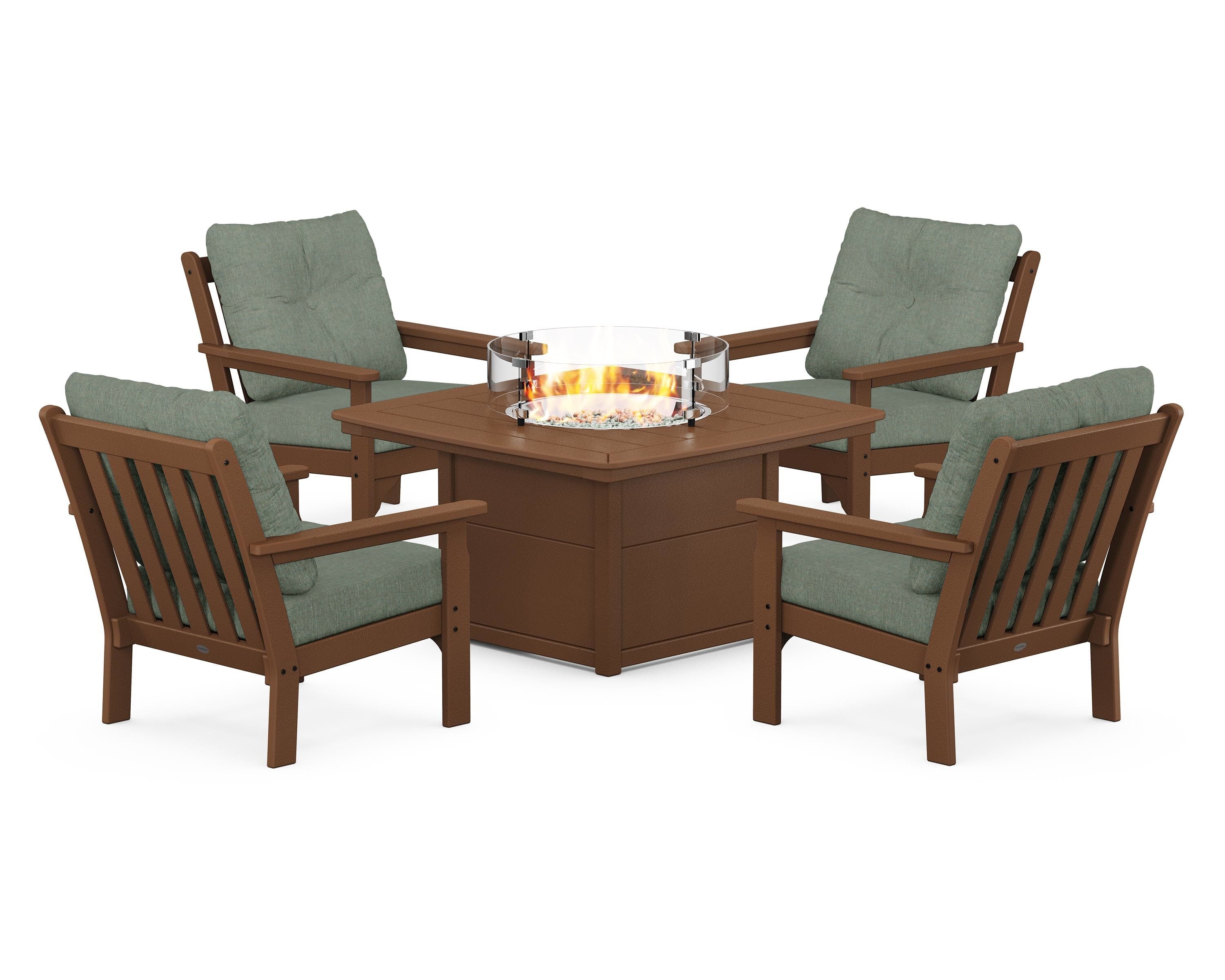 POLYWOOD Vineyard 5-Piece Conversation Set with Fire Pit Table in Teak / Cast Sage