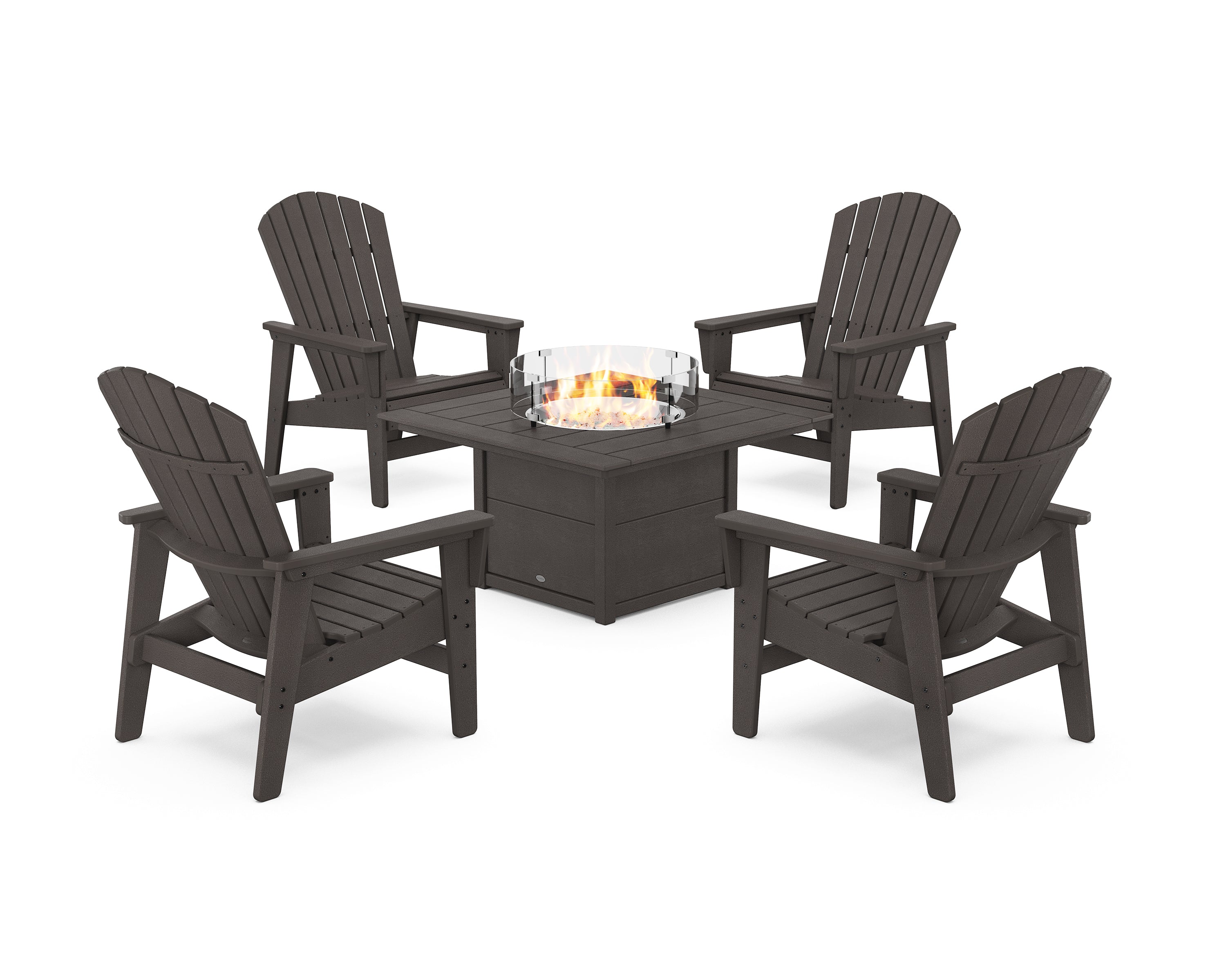 POLYWOOD 5-Piece Nautical Grand Upright Adirondack Conversation Set with Fire Pit Table in Vintage Coffee