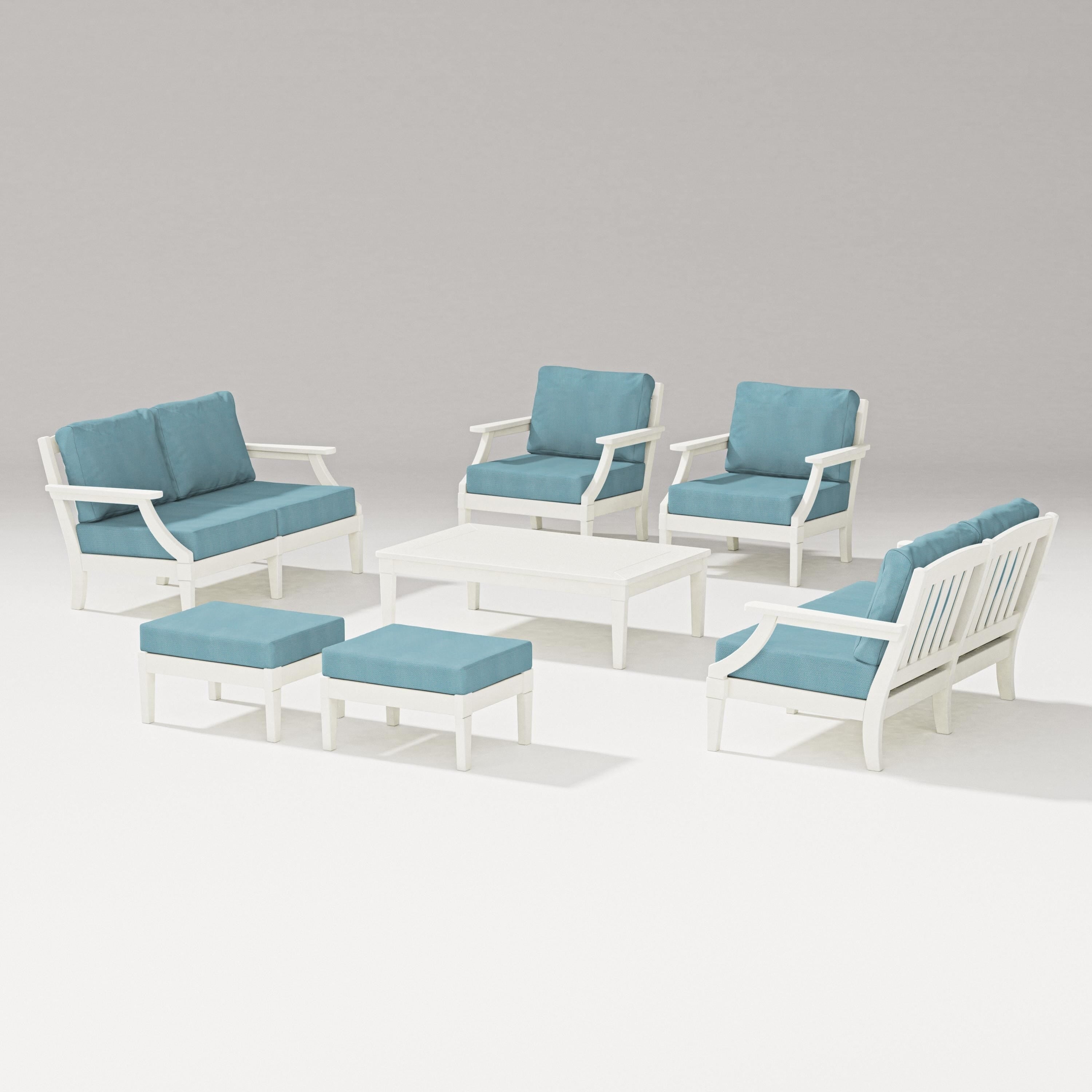 PW Designer Series Estate 7-Piece Lounge Loveseat Set in Vintage White / Lattice Sky Blue
