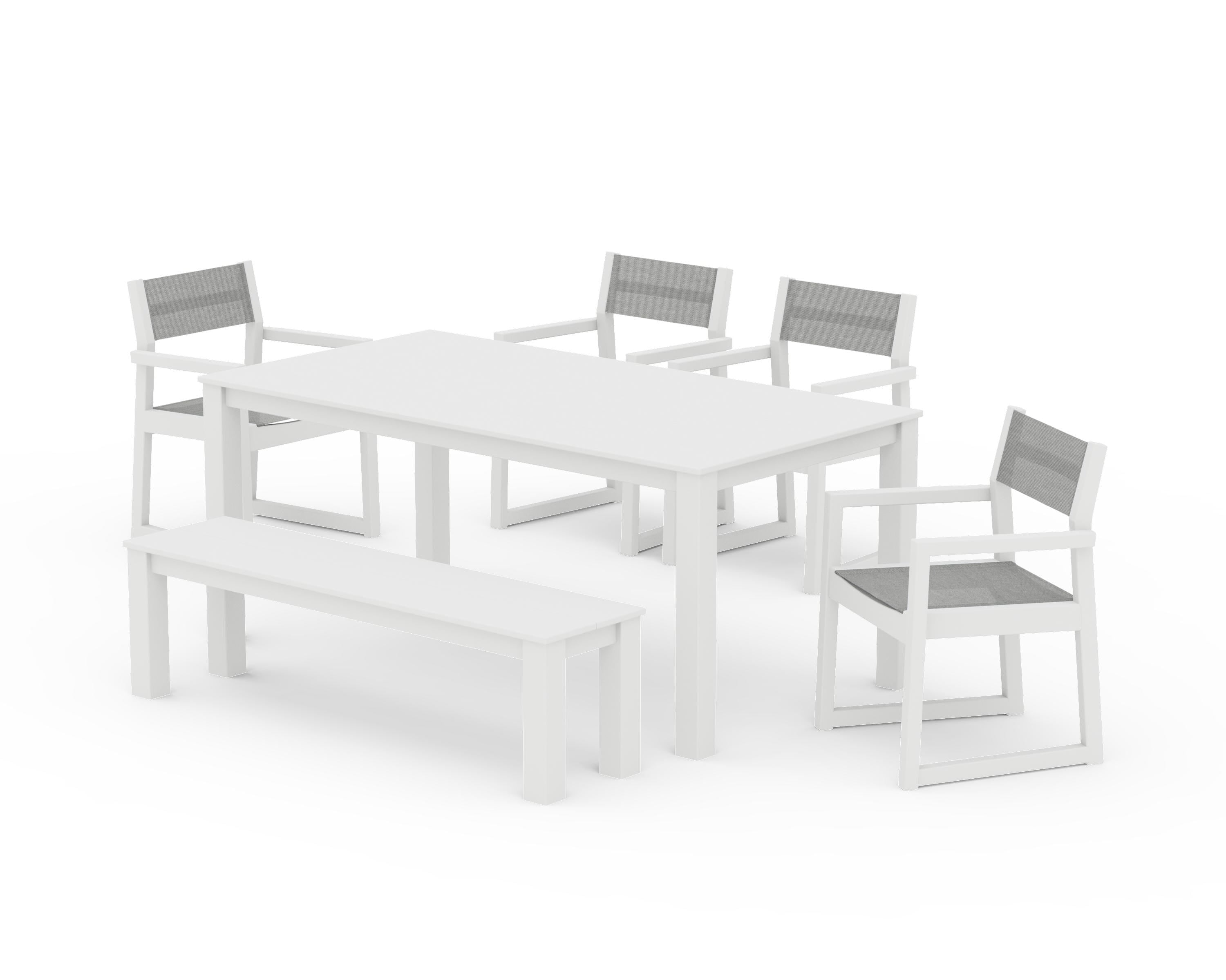 POLYWOOD EDGE Sling Arm Chair 6-Piece Parsons Dining Set with Bench in White / Metallic Sling