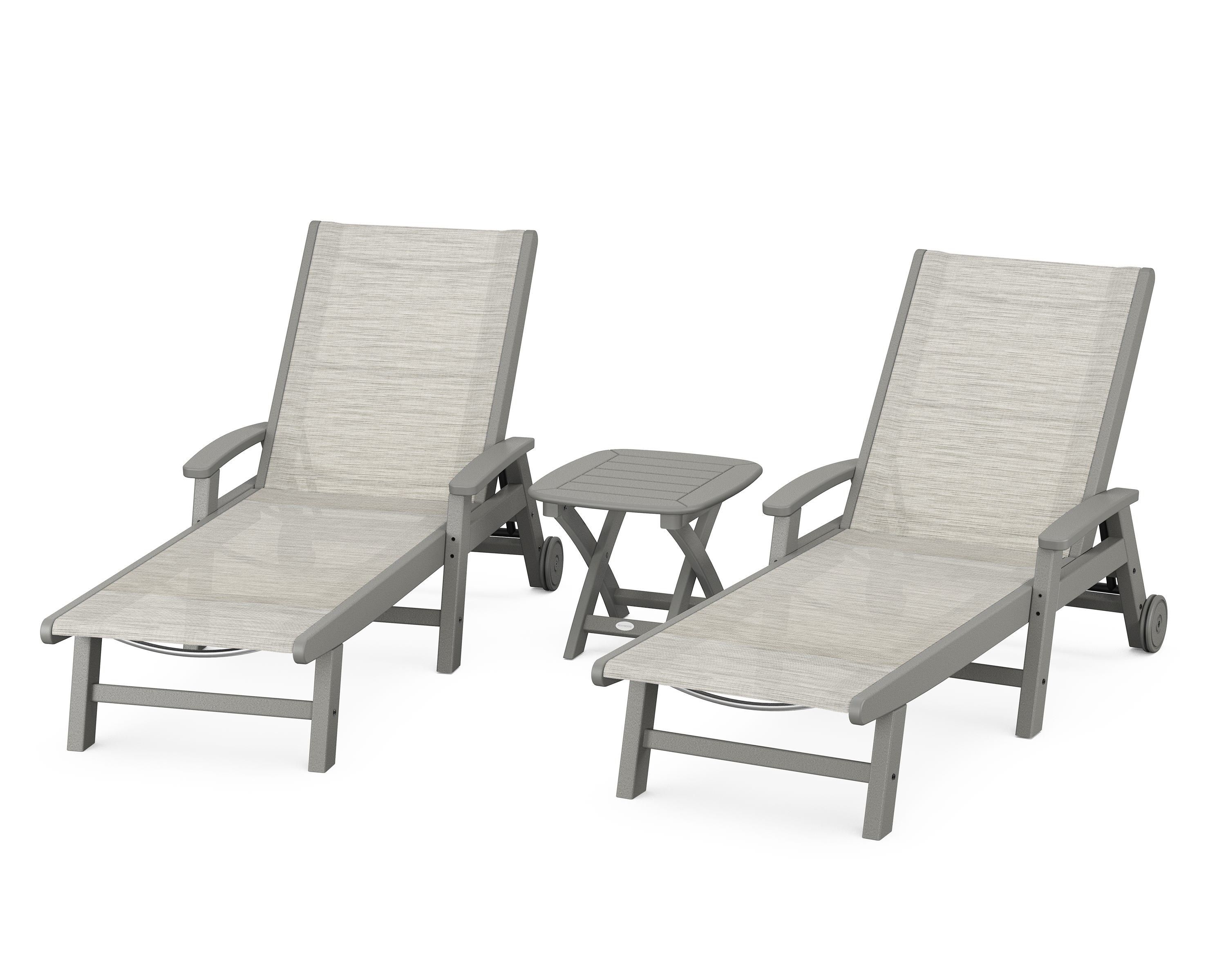 POLYWOOD Coastal 3-Piece Wheeled Chaise Set in Slate Grey / Birch Sling