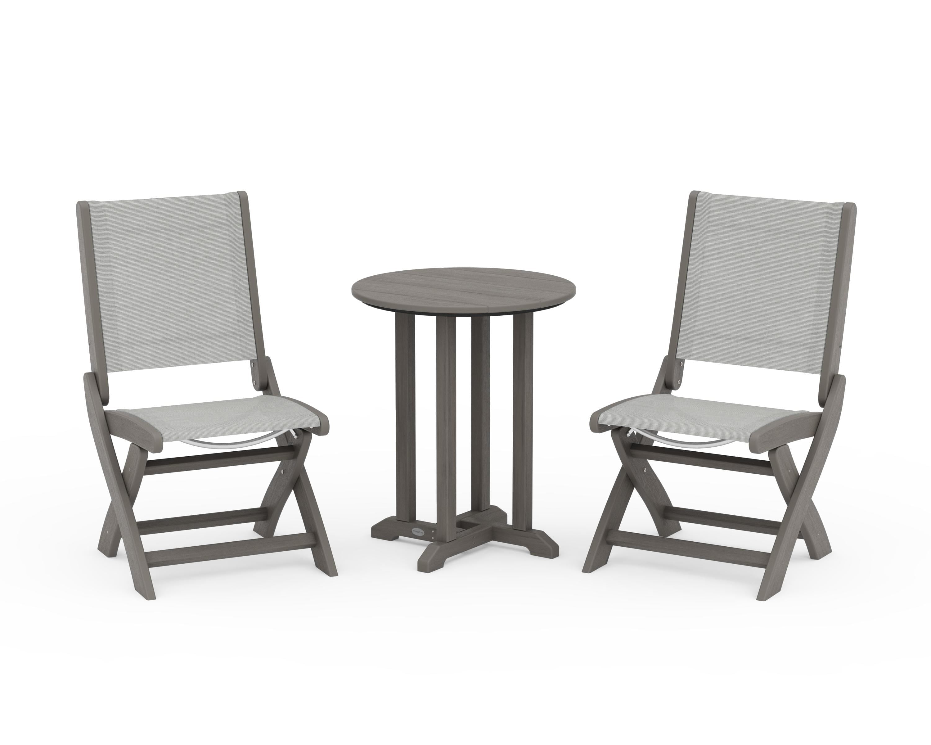 POLYWOOD Coastal Folding Side Chair 3-Piece Round Bistro Dining Set in Driftwood / Metallic Sling