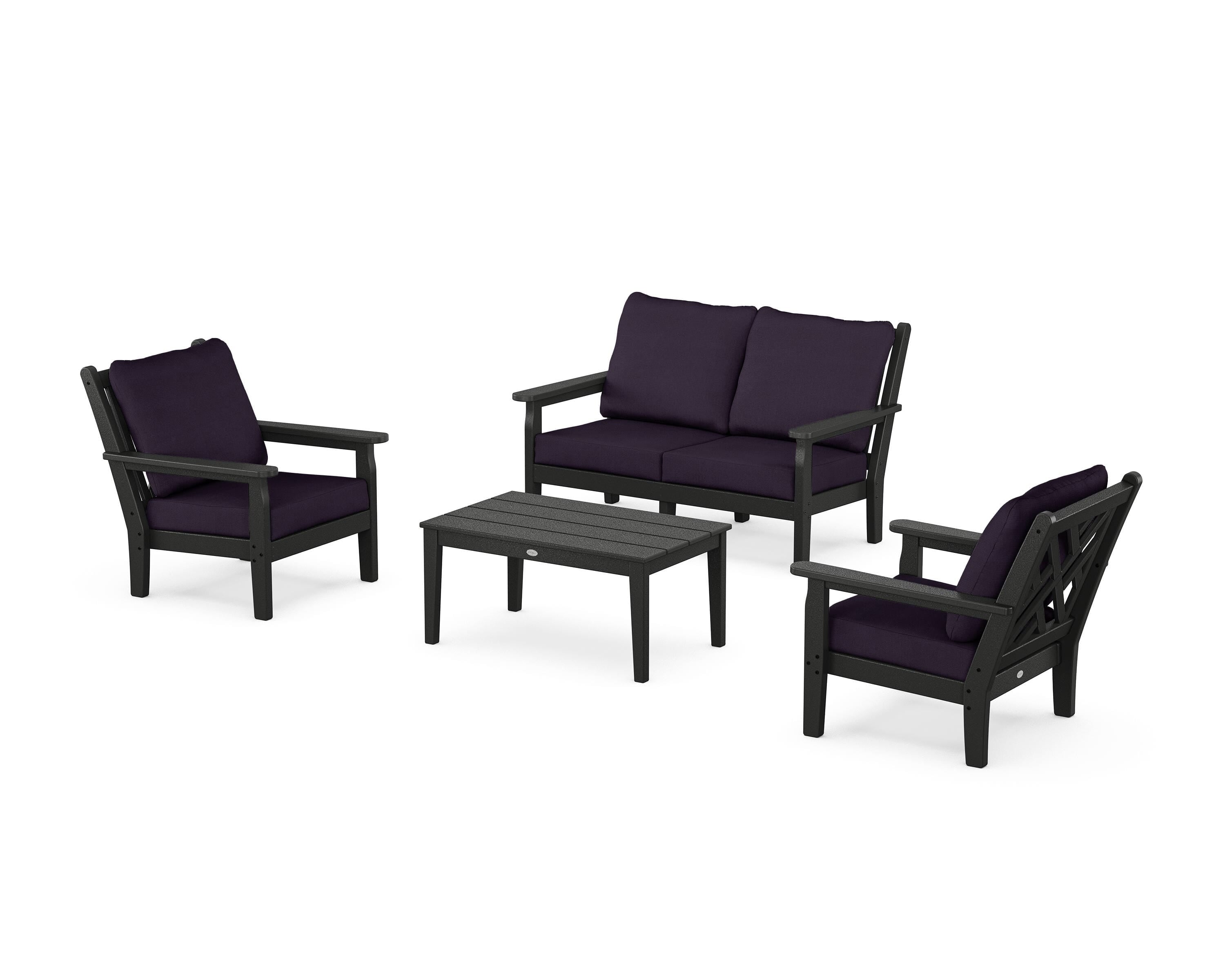 POLYWOOD Chippendale 4-Piece Deep Seating Set with Loveseat in Black / Navy Linen