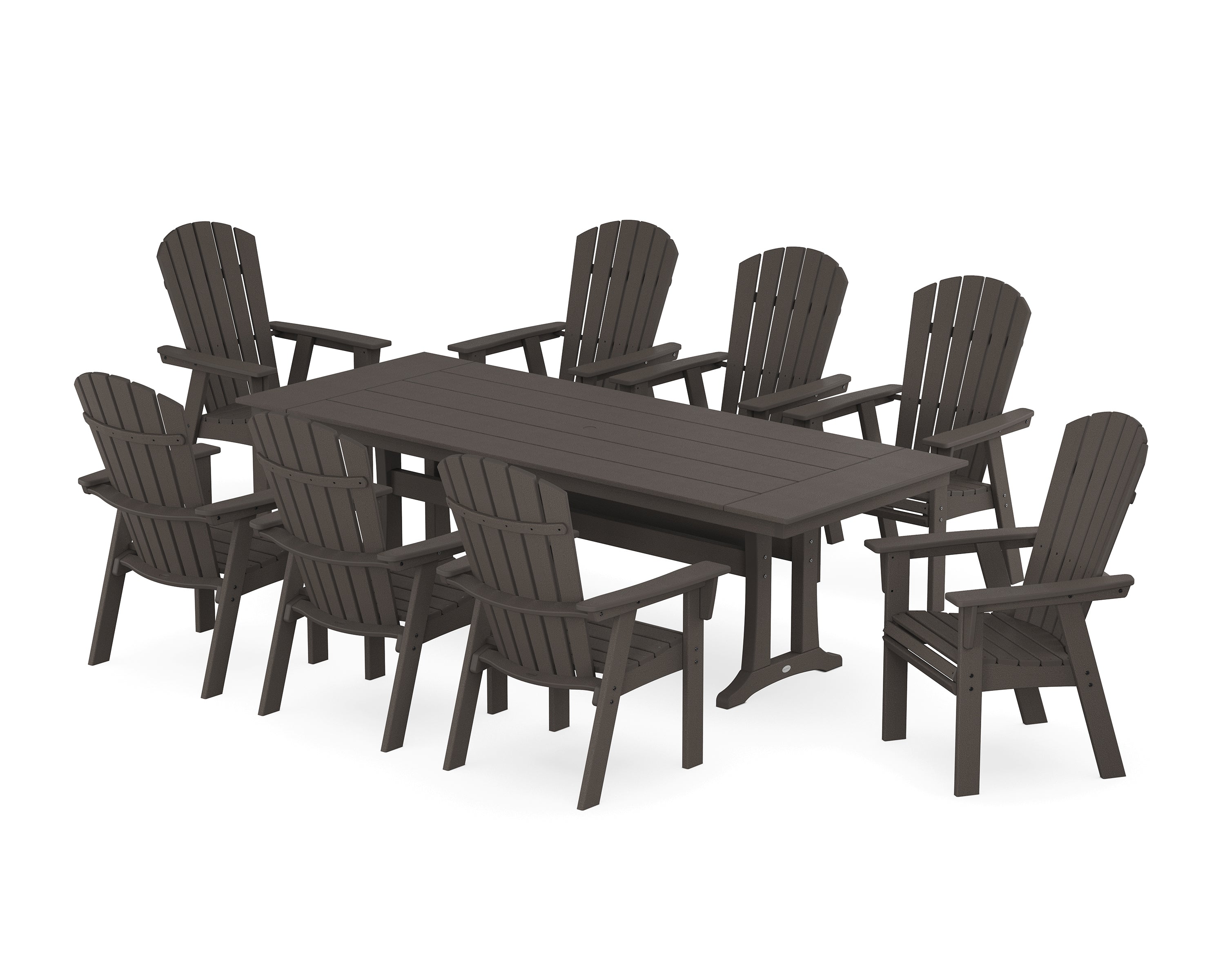 POLYWOOD® Nautical 9-Piece Curveback Adirondack Farmhouse Dining Set with Trestle Legs in Vintage Coffee